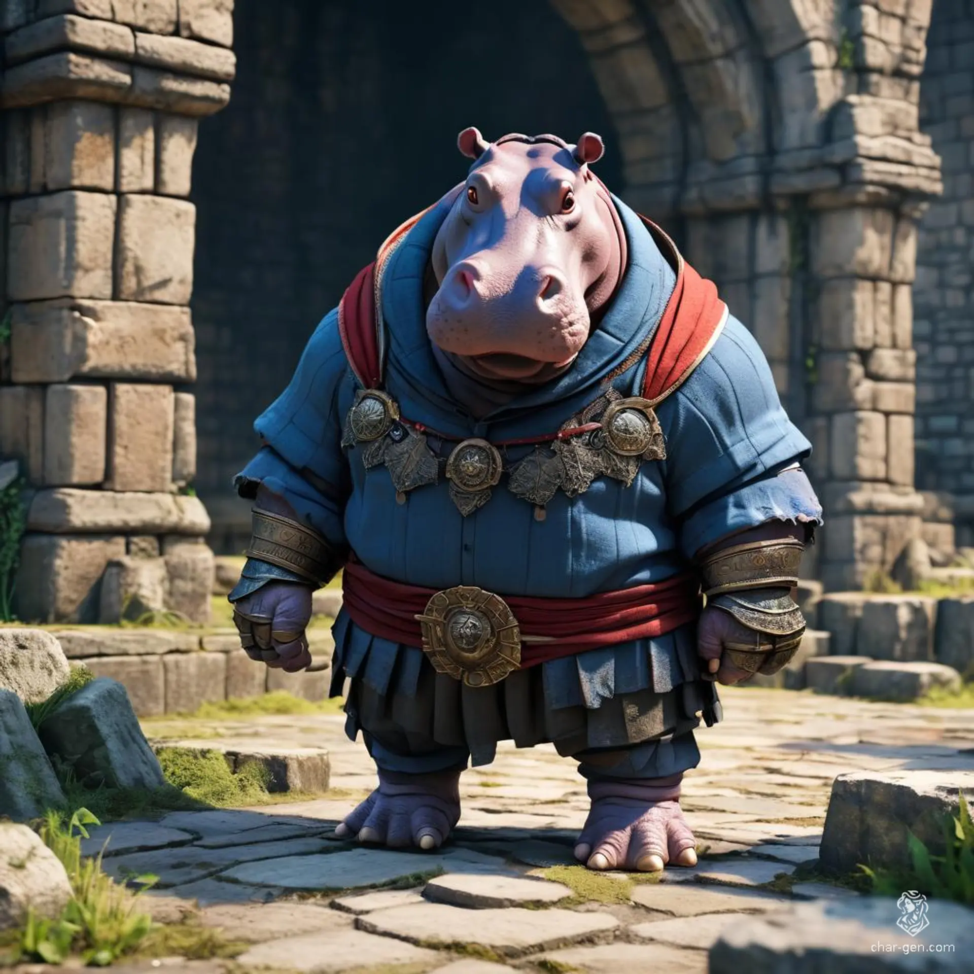 Meet Grondar, the Giff—a mighty, anthropomorphic hippo with a powerful stance and a head resembling his majestic kin. Clad in rugged armor, he wields a massive musket, boasting both strength and wisdom as he navigates the realms, blending brawn with a hearty sense of adventure.