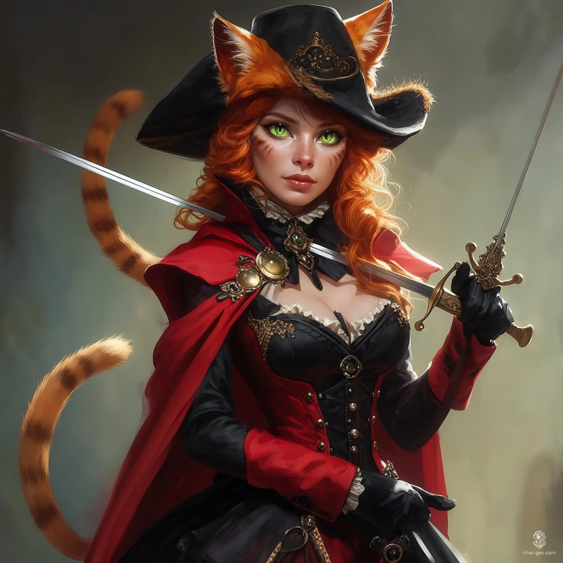 A fierce female duelist bard blending French Renaissance elegance with fantasy charm. She wields a rapier with precision, adorned in a cavalier hat, shoulder cape, and intricate costume details. Her striking green cat-like eyes, ginger hair, and feline features—ears, tail, and fur accents—highlight her agile, captivating presence.