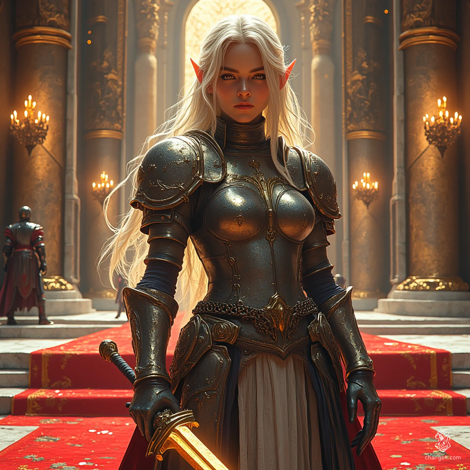 A vigilant female elf paladin, adorned in gleaming chainmail, exudes a dignified aura as she patrols the streets. Her distinct tan skin radiates strength and resilience, while her long hair flows elegantly, embodying both grace and determination in her unwavering protective stance at the gates.