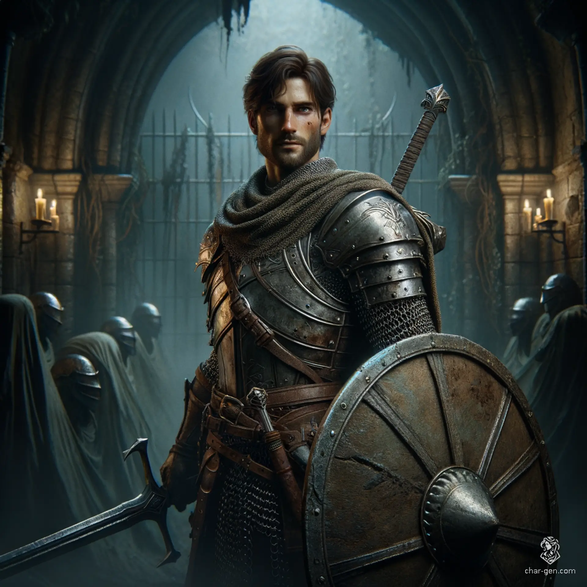 Marcus Thorne is a 25-year-old, fair-skinned human Paladin with striking blue eyes and deep espresso brown hair. Standing 6'4" tall and weighing 210 lbs, he exudes a dignified aura and protective stance. A noble knight, Marcus wields a longsword and carries a broad, intricately detailed shield. Loyal to his sovereign and dedicated to protecting others, his backstory is shaped by mentorship from Sir Galahad and a deep sense of noble obligation.