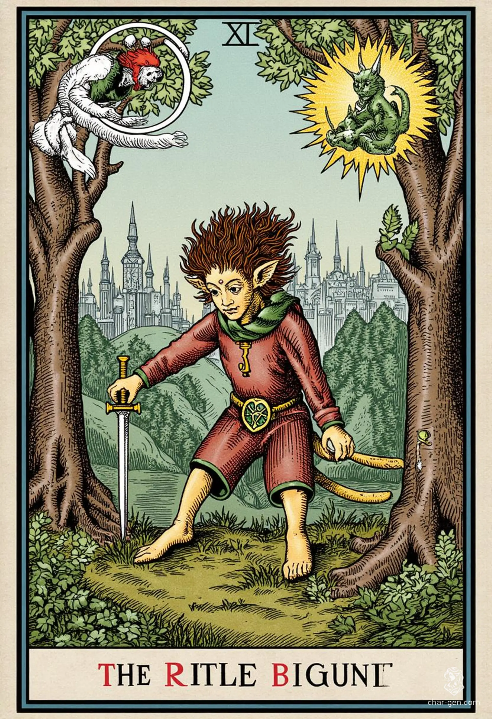 Bittles is a nimble goblin rogue with a stealthy demeanor and a small, wiry frame. Adorned in intricately detailed leather armor, he wields a slender green-gemmed dagger with confidence. With sharp goblin features and a light-footed stance, he's a master of the shadows, always ready for his next caper.