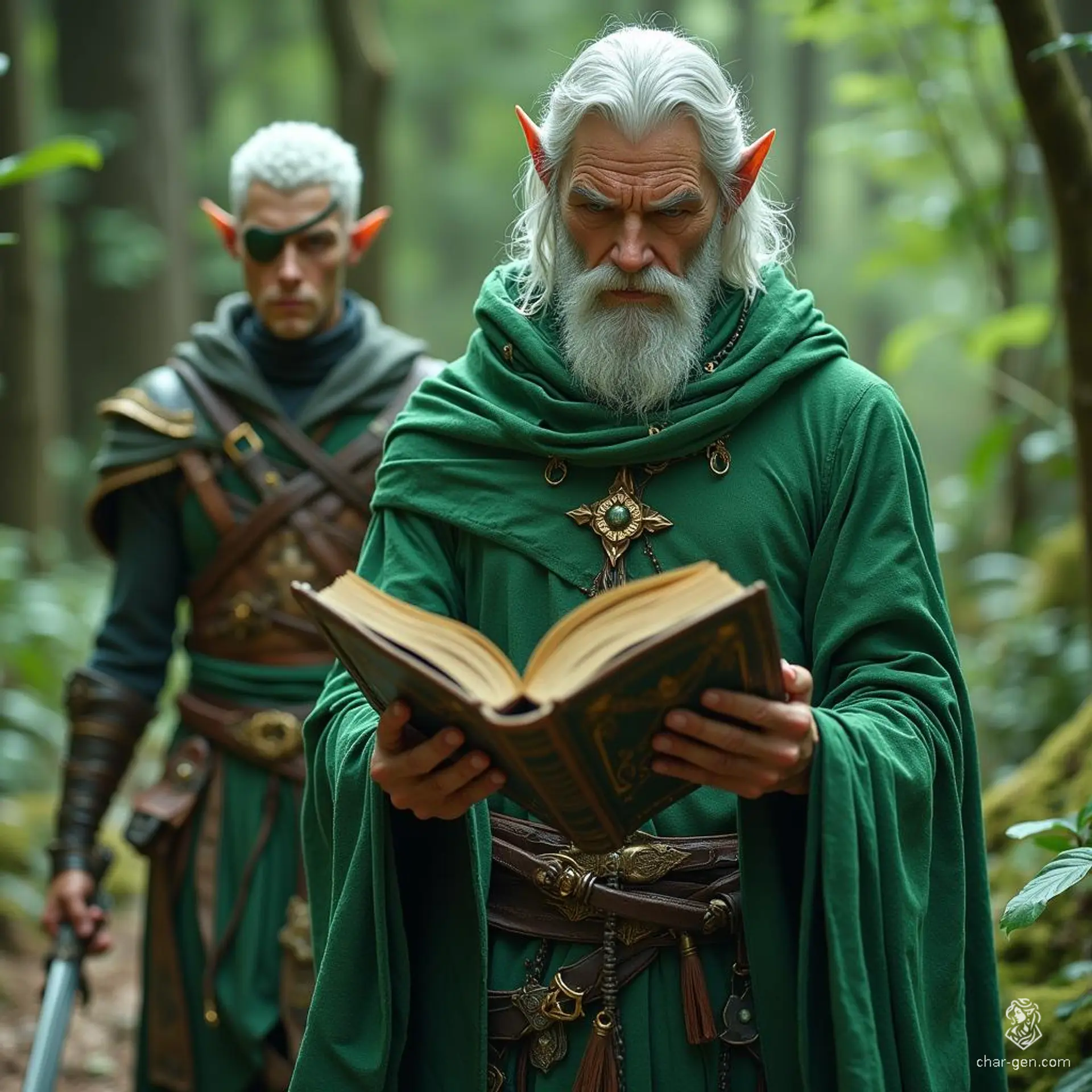 In a mystical realm, a green-robed wizard clutches an enigmatic closed book, its secrets concealed. Close behind, a white-haired elven ranger, clad in leather armor and sporting an eye patch, strides with purpose, ready for adventure amidst the shadows of ancient magic.