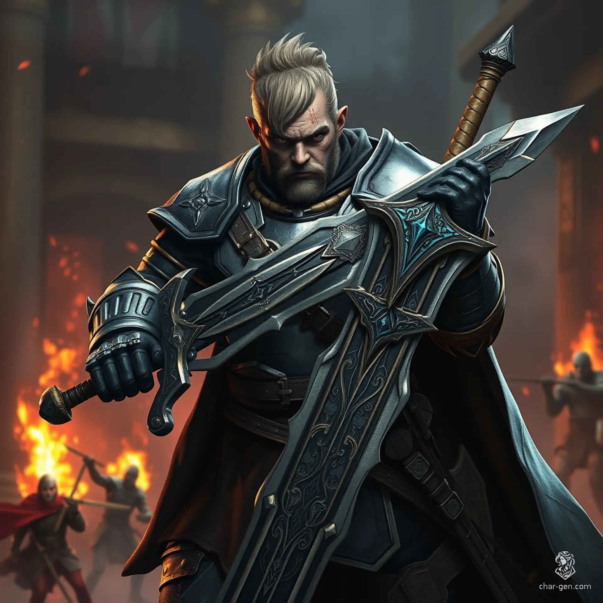 Sig Curtis stands at two meters tall, robust and battle-worn, exuding strength. Clad in half armor, his gloomy yet determined expression hints at past struggles. Wielding a beautifully inlaid great sword, he is shrouded in shadow, ready to face any challenge amid a fierce battle backdrop.