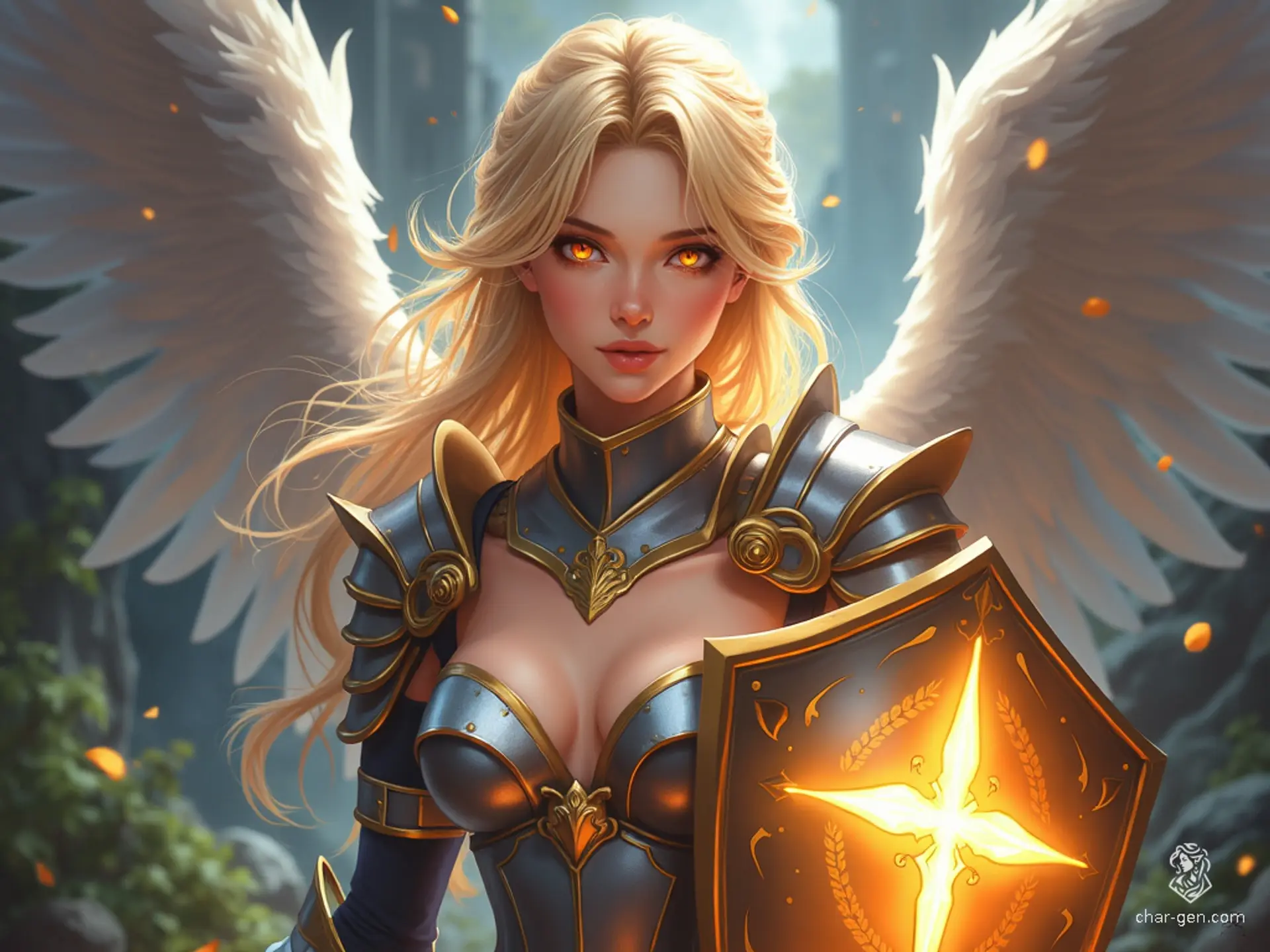 A serene, seductive female Aasimar cleric with blonde hair and unusual eyes, dressed in skin-tight armor. She exudes an angelic glow and wields a shield that emanates divine energy, her presence warding off shadows with radiant holiness.