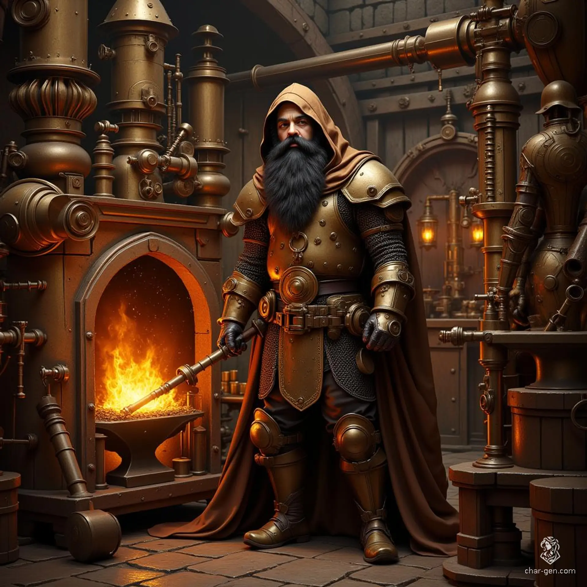 This confident male dwarf fighter stands proudly amidst his armory, surrounded by gleaming suits of armor and rugged tools. With tan skin, jet black hair, and a matching beard, he embodies strength and craftsmanship. Clad in chainmail with a brown cloak, he tirelessly forges protection for fellow warriors.