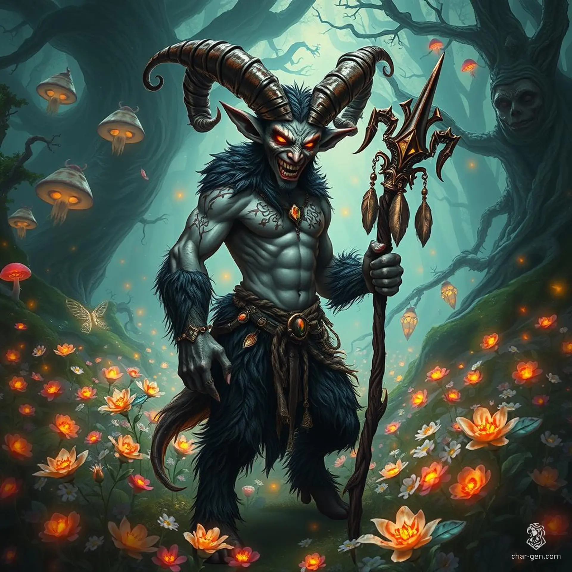 A sinister satyr of the Feywild, this malevolent being boasts dark, coarse fur and twisted horns. With glowing amber eyes and a wicked grin, he wields a gnarled staff adorned with bones and feathers, commanding the eerie energy of a chaotic, vibrant forest alive with shadows.