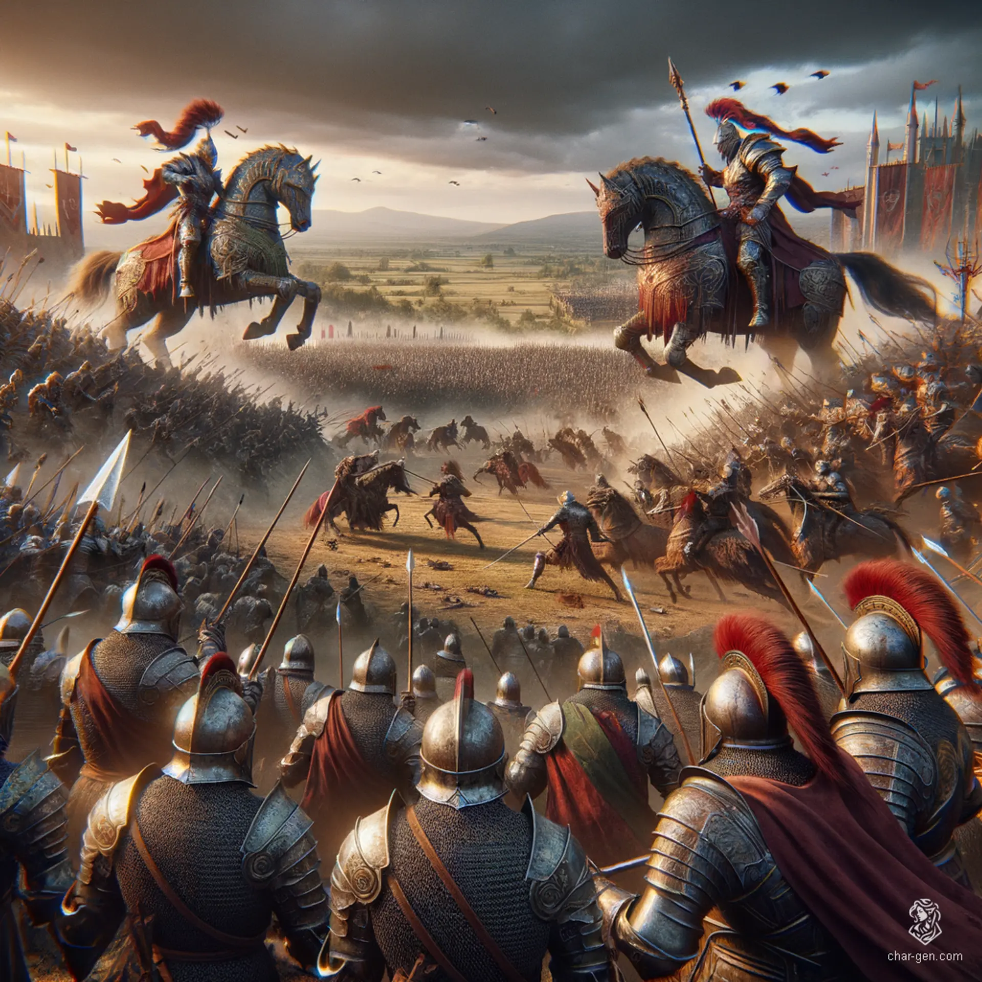 Under storm-laden skies, a breathtaking battlefield unfolds with two grand armies clashing. Jagged mountains loom in the backdrop, while flashes of steel and bursts of magic illuminate the chaotic scene, captured with vivid, hyperrealistic detail. The raw energy and symmetrical violence are almost tangible.