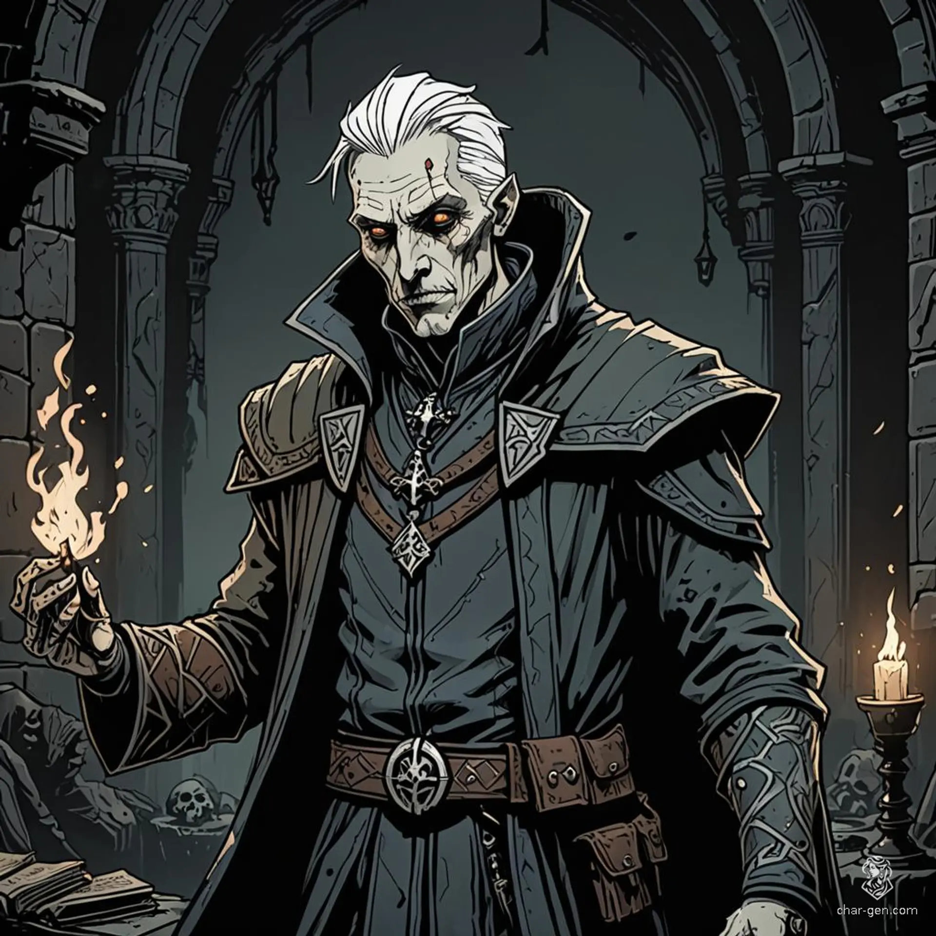 A male sorcerer with white skin and short, changing hair. His colorless eyes and arcane sigils on enchanted garments enhance his aura of powerful magic.