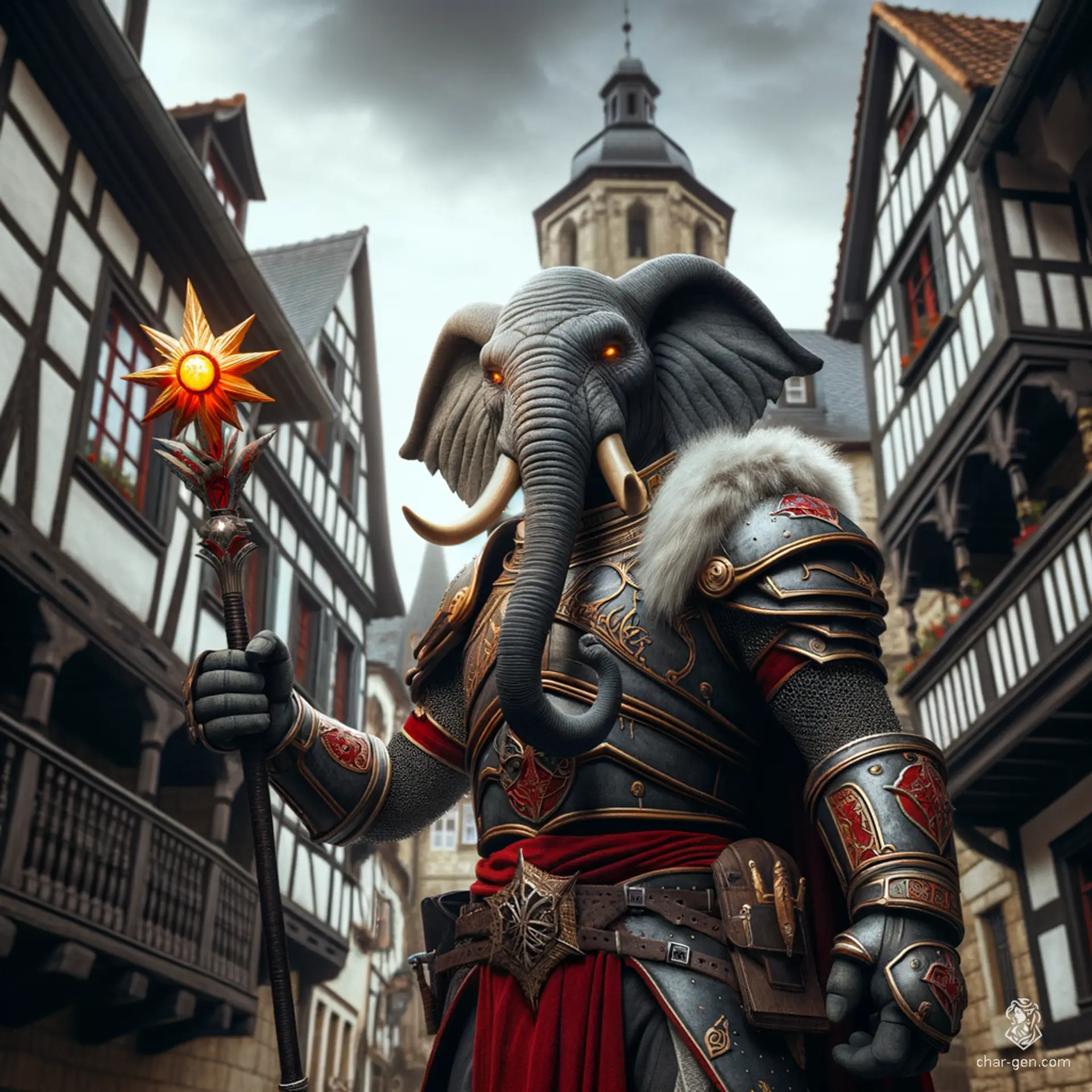 A distinguished loxodon Paladin, this anthromorphic elephant humanoid stands guard in full plate armor of red with gold details. Draped in white wolf skin over one shoulder, he wields a brilliant morningstar and a shield, his thick gray skin and mighty tusks—one colored red with gold, the other black with silver—embodying a protective and noble aura.