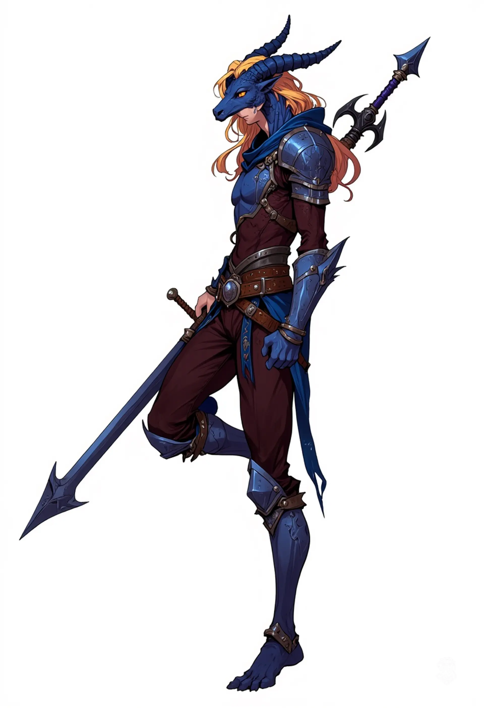 A dynamic male blue dragon knight with long, flowing blonde hair, adorned in vibrant armor. His exaggerated proportions and bold linework bring energy to his pose against a vivid sky. With cartoon-like expressions and anime-inspired aesthetics, he embodies a fantastical hero ready for adventure.