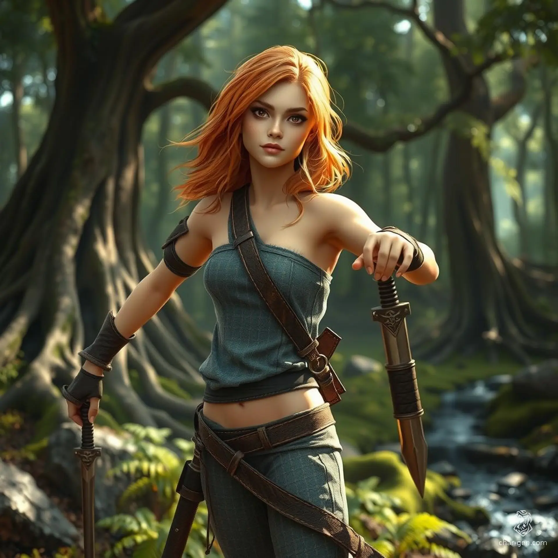 Hikaru, a 20-year-old tawny-skinned female fighter, stands confidently at 170cm with hazel eyes and strawberry blonde hair. A strong and hardy soldier, she champions independence and loyalty, haunted by a secret battlefield mistake.