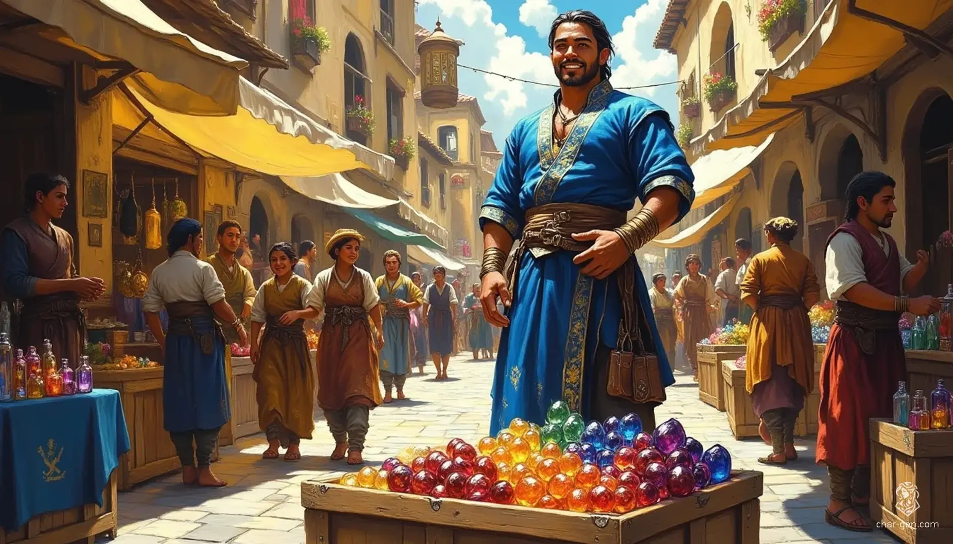 In a bustling Neverwinter market, an animated Asian merchant stands on a crate, showcasing his shimmering trinkets and rare gemstones. Dressed in a vibrant blue tunic with gold trim, he draws a curious crowd amid a kaleidoscope of colors, capturing the lively essence of trade and adventure.