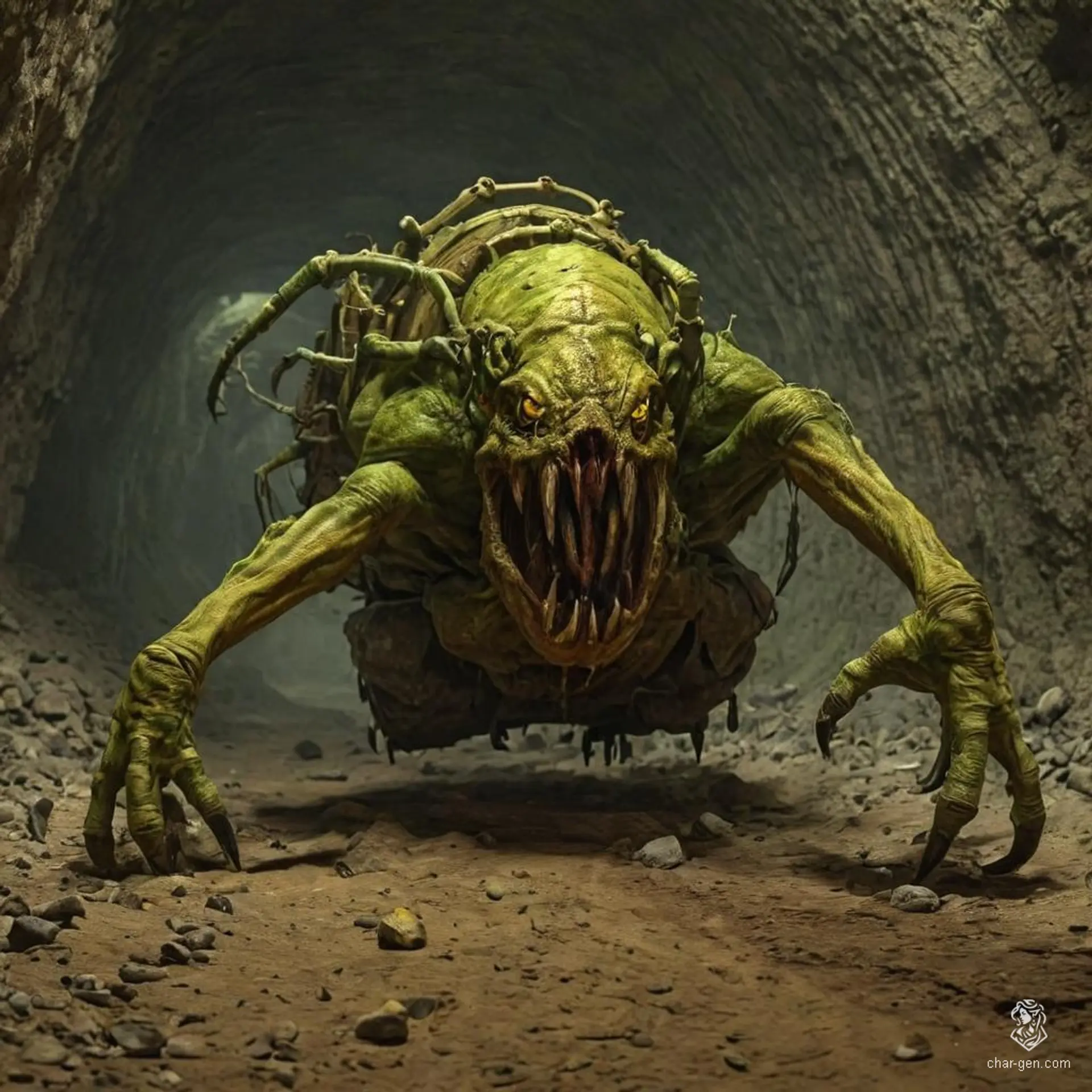 The Carrion Crawler is a massive, centipede-like beast with a slimy yellow-green body. It possesses eight wriggling tentacles and a maw full of teeth, complemented by countless scurrying legs and segmented antennae, scavenging cave depths for carrion.