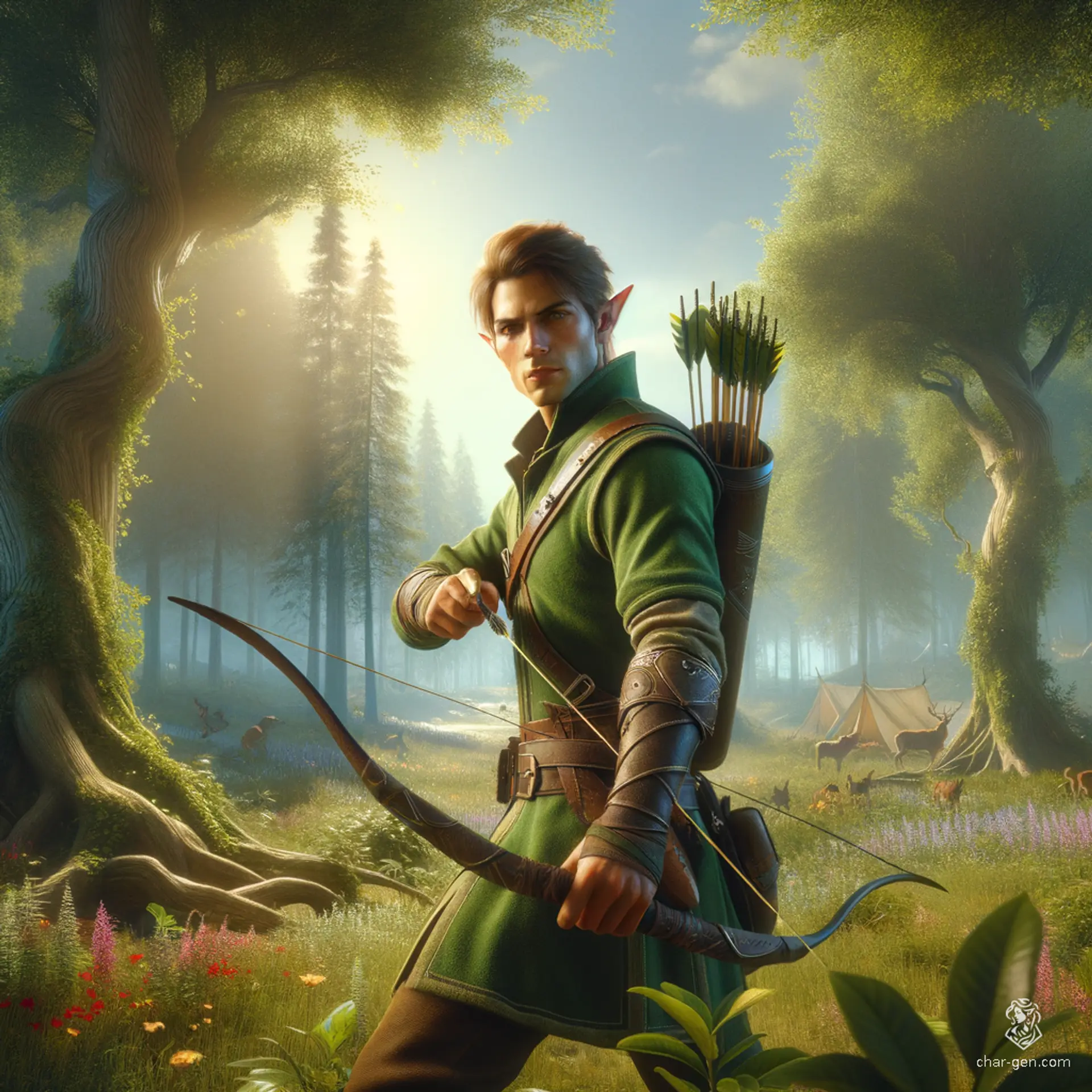 Positioned in the center of the dense woodland, a young male elf ranger with short hair dons hunter green attire. As an apprentice ranger, he wields a bow or spear with a keen eye, expertly tracking prey in forests or mountains.