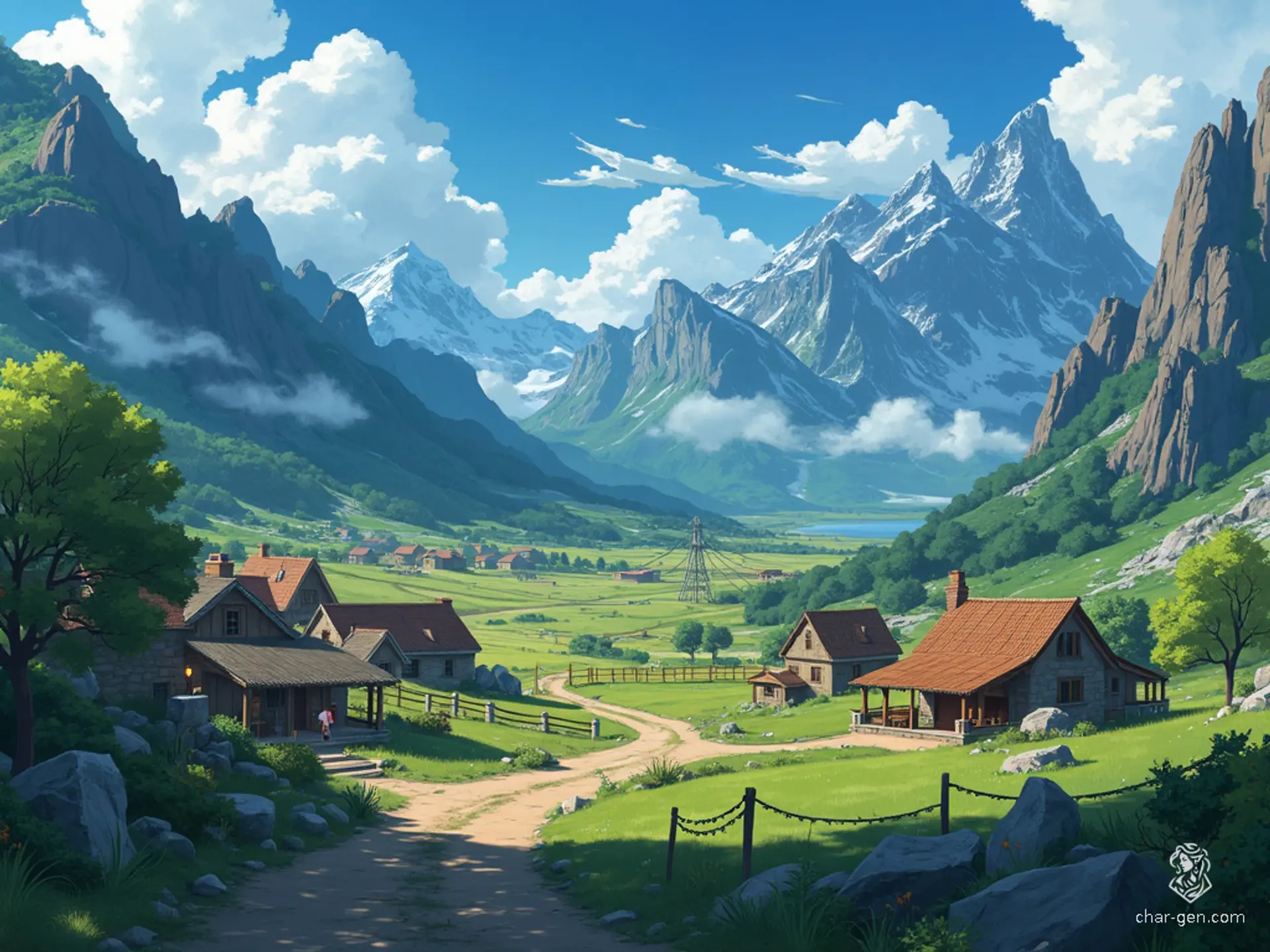 Phandalin, a quaint frontier town cradled by the majestic Sword Mountains, exudes rustic charm amid rugged wilderness. Stone cottages and sprawling farms dot the landscape, interspersed with the haunting ruins of an ancient settlement, painting a vivid tapestry of history and natural beauty.