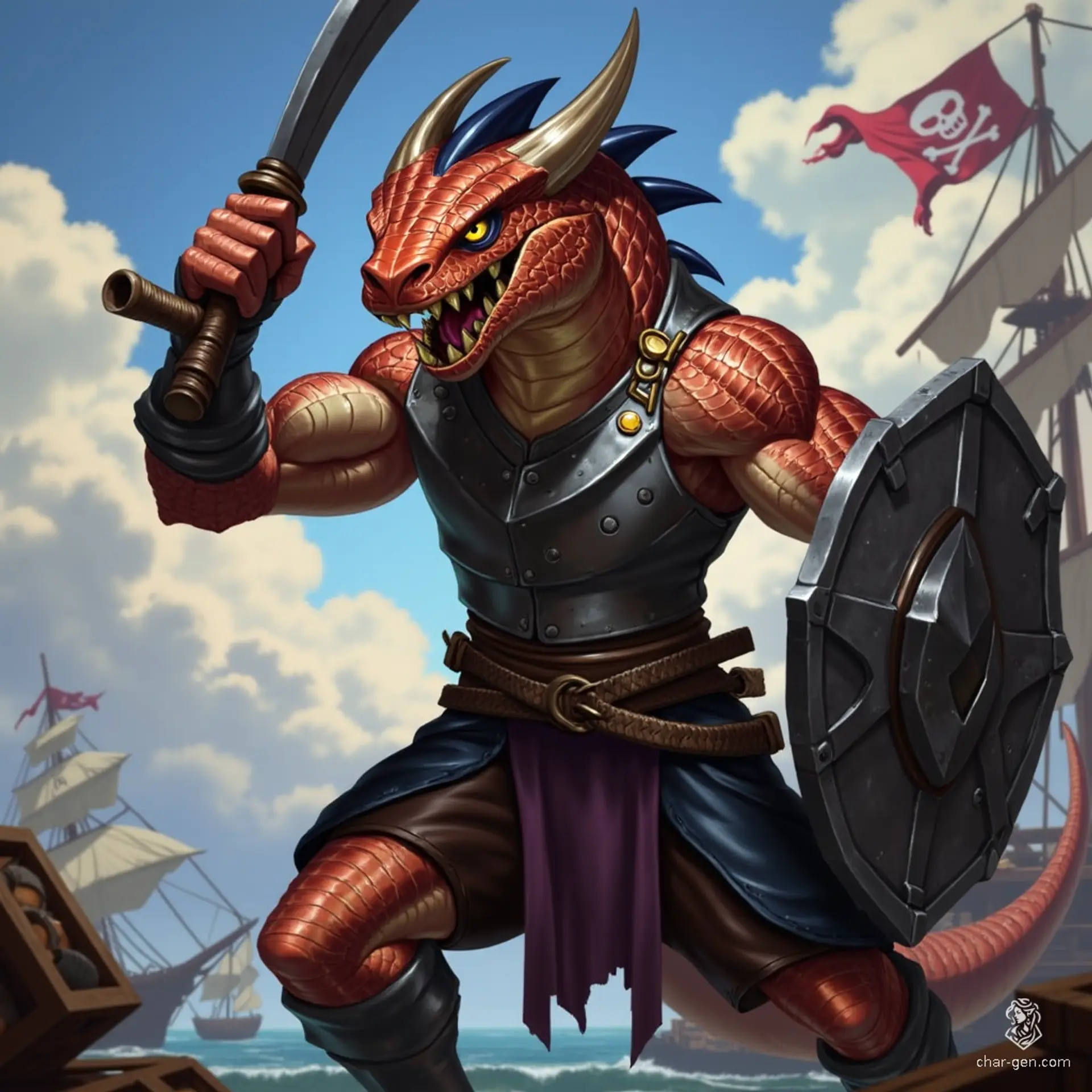 Luna, a muscular half-kobold, half-goloma fighter, exudes confidence with glossy copper-black scales and eight spider-like eyes. Clad in a steel breastplate and raising a shield defensively, he snarls fiercely, revealing dragon-like fangs. A dynamic presence, he balances strength and agility, embodying the spirit of a hardened outlaw.