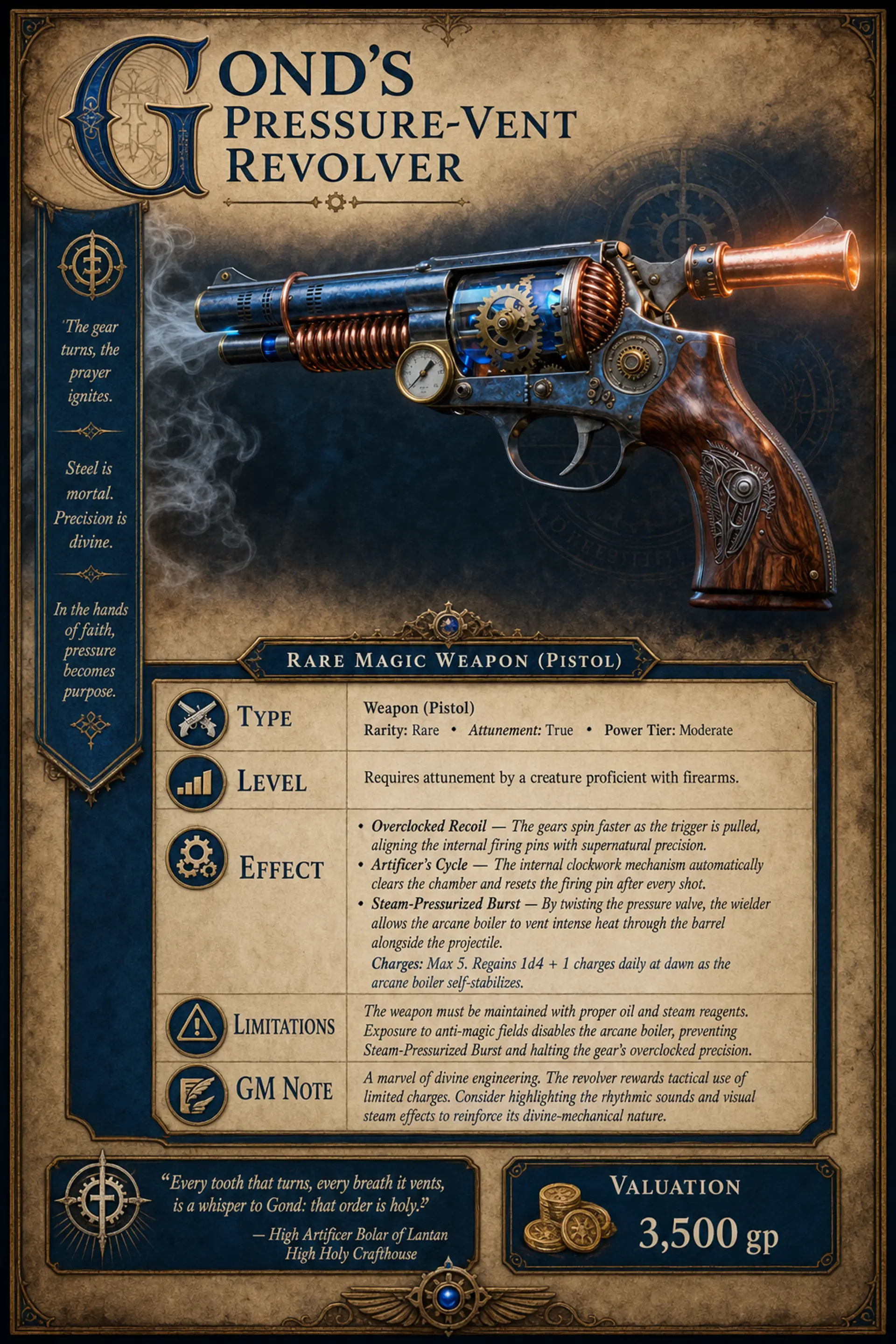 Gond's Pressure-Vent Revolver | Fantasy Magic Item Generated by CharGen