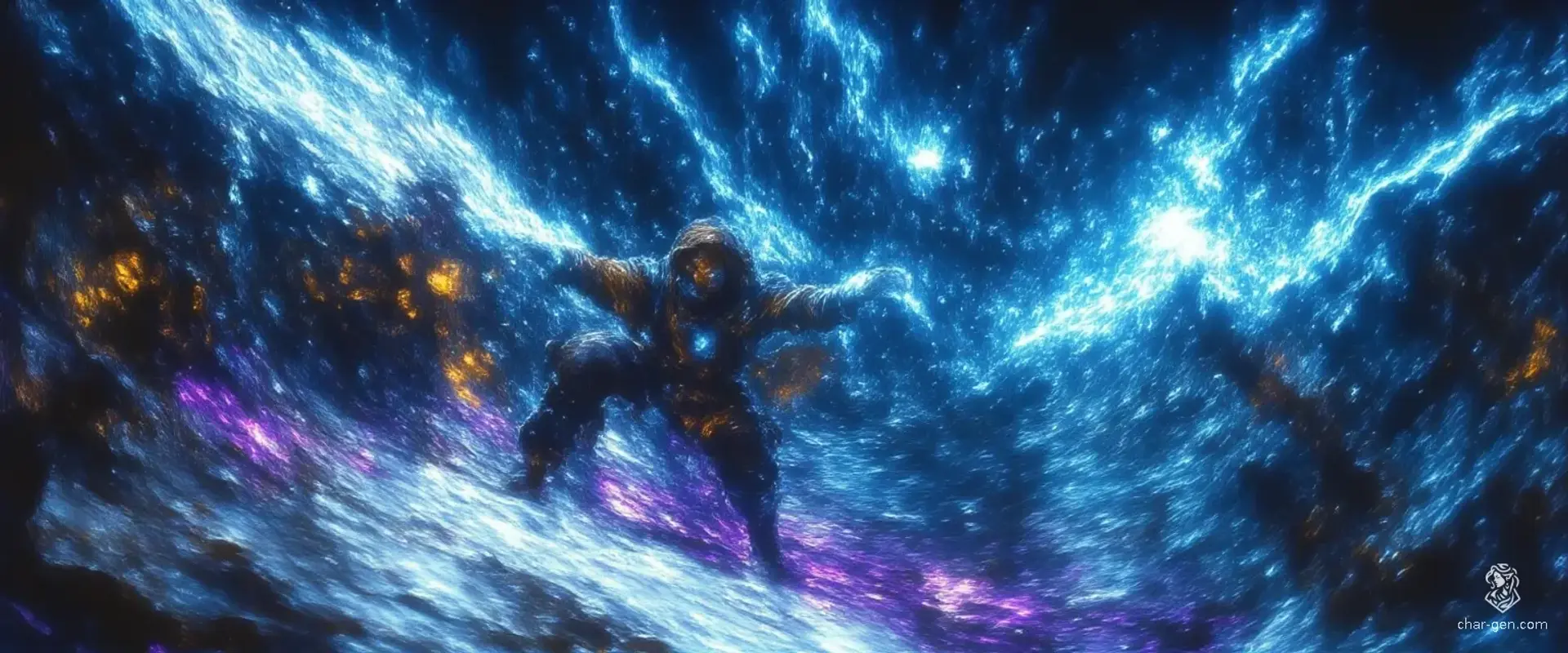 In a wintry realm, majestic snow-capped mountains rise beneath a brooding sky, swirling with deep blues and purples. A partially frozen river glimmers, mirroring stormy hues, while vibrant splashes of orange and red peek from the snowy banks, creating a striking contrast in this ethereal landscape.