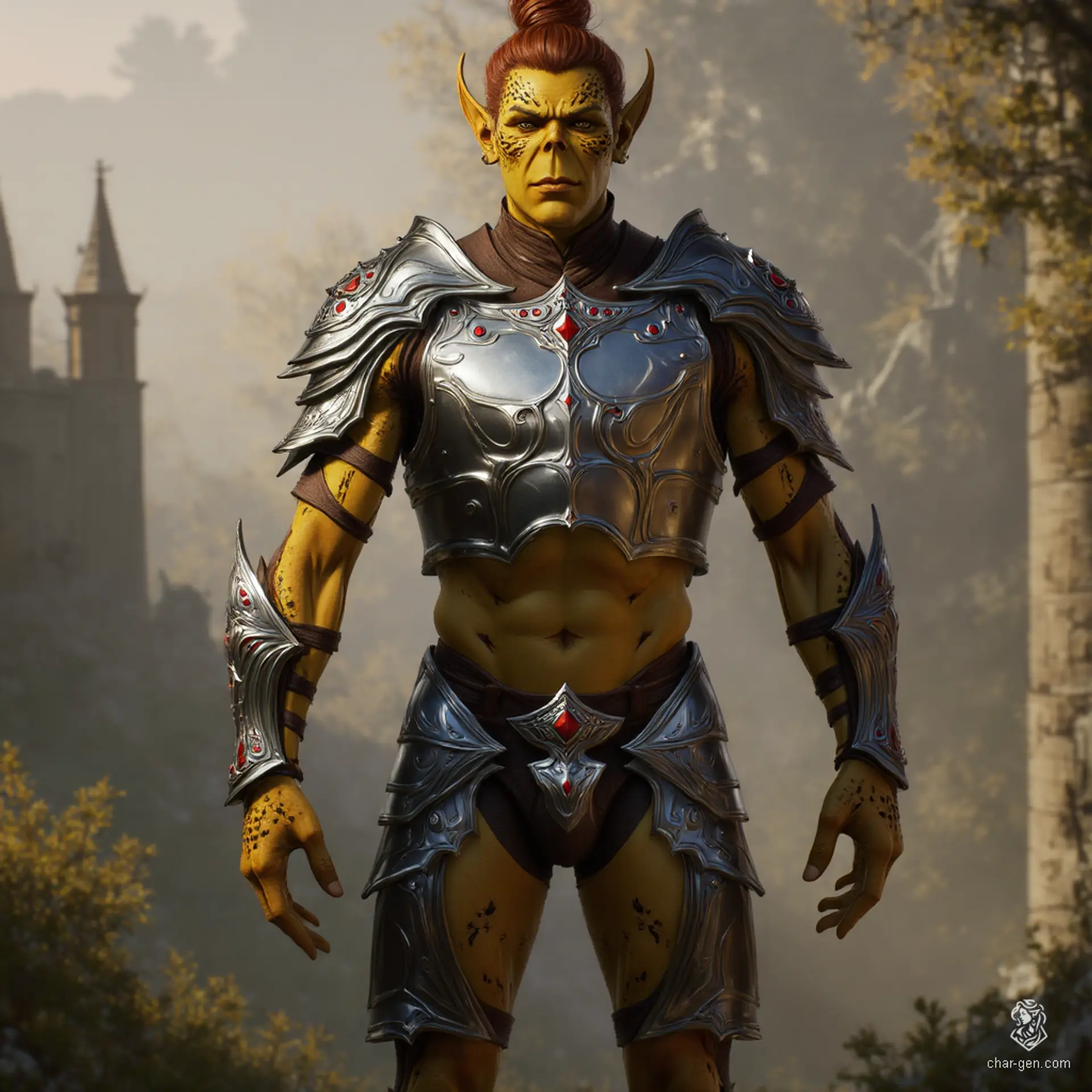 A tall, gaunt githyanki warrior, clad in gleaming plate armor, exudes an imposing presence. His rough, dirty yellow skin contrasts with russet hair tied in a topknot, while his Voldemort-like skull nose adds an eerie aura to his formidable visage.
