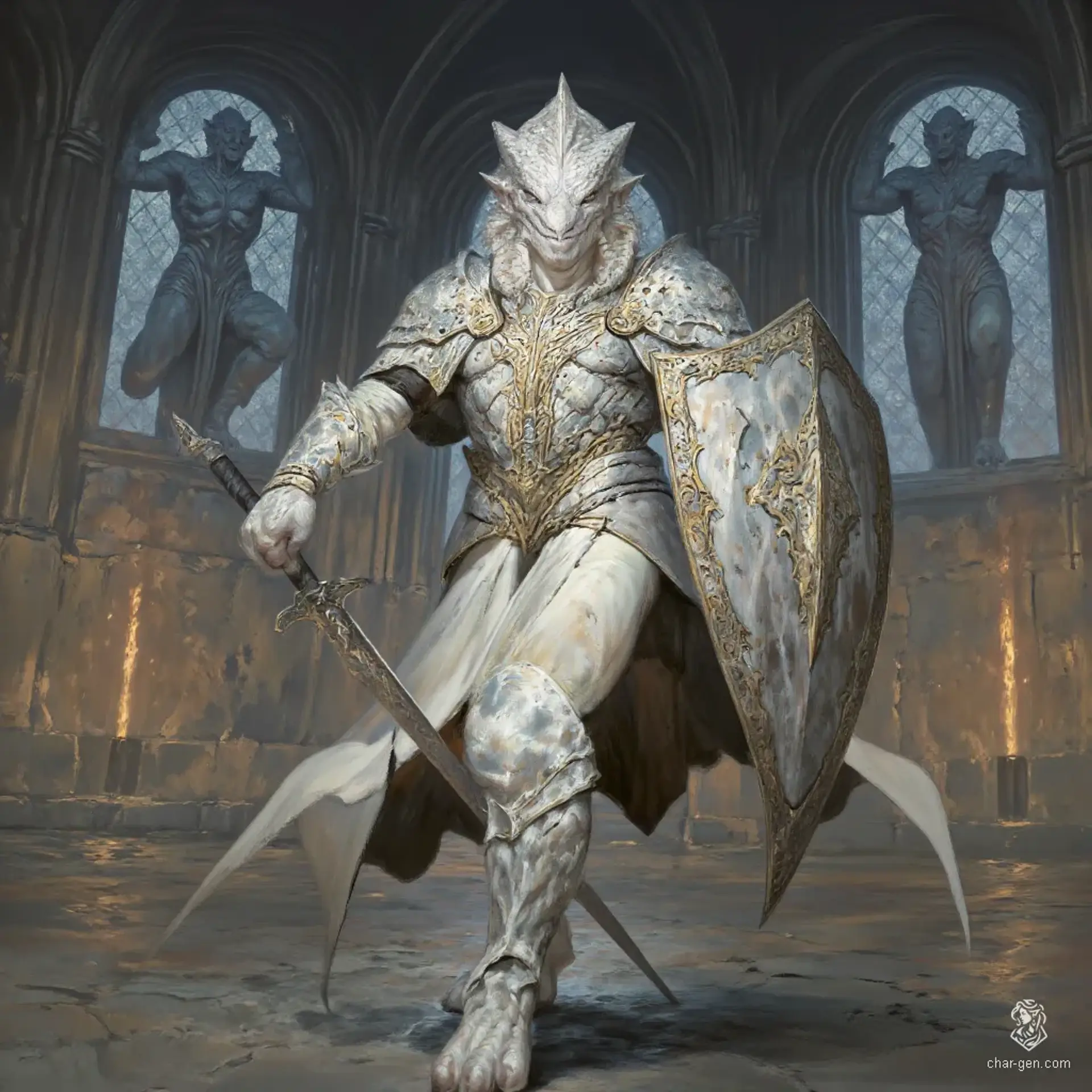 A noble male dragonborn paladin stands in a pristine white marble temple, exuding dignity and strength. Clad in gleaming white plate armor adorned with golden accents, he wields a long sword and a massive shield, radiating an aura of protection and justice. His striking white scales and regal crest enhance his commanding presence.