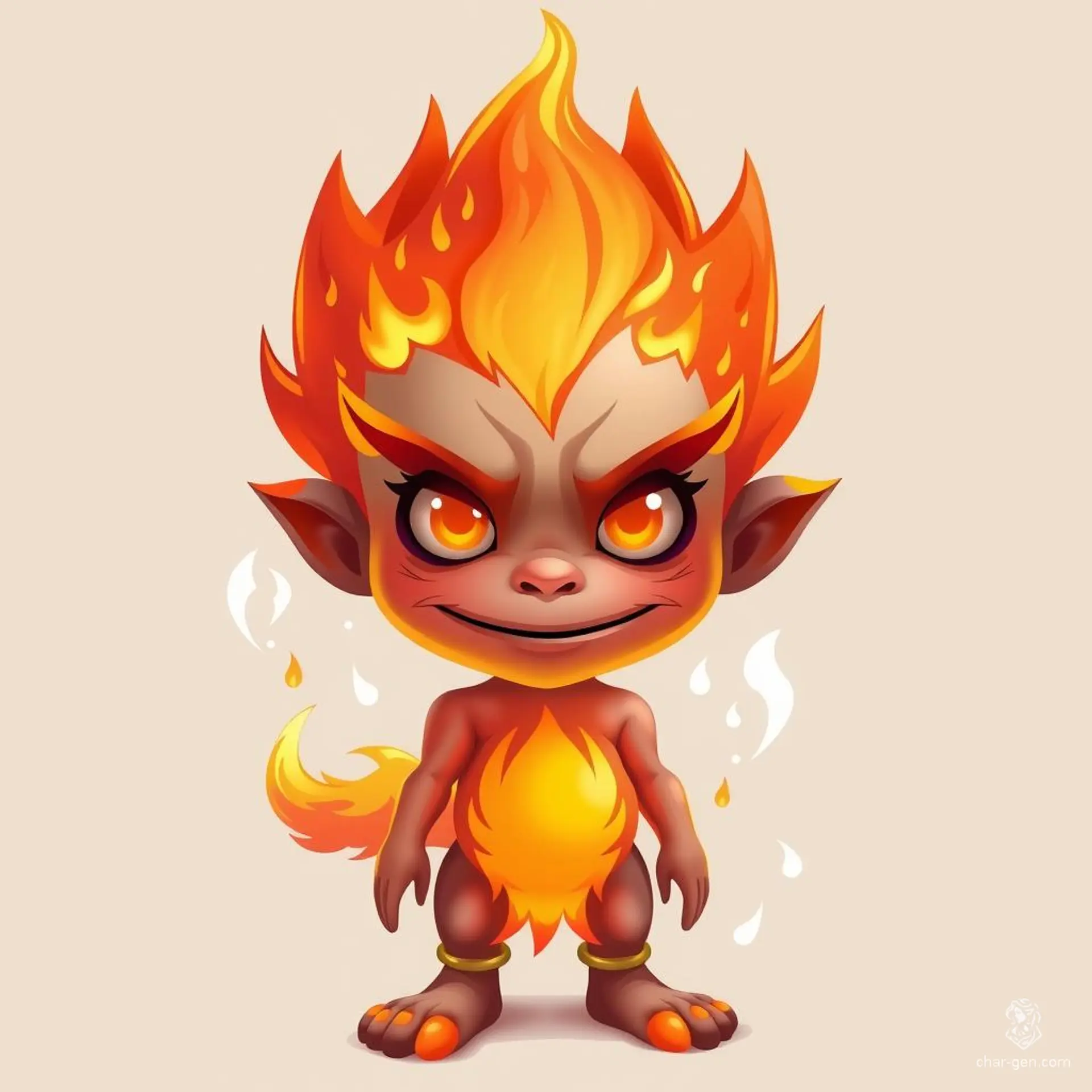 A three-foot-tall juvenile fire elemental, resembling a five-year-old human boy, made entirely of flames. He sports innocent, big round eyes that are solid white and a devilish grin. Despite his fiery nature, his cherubic face exudes a mischievous charm.