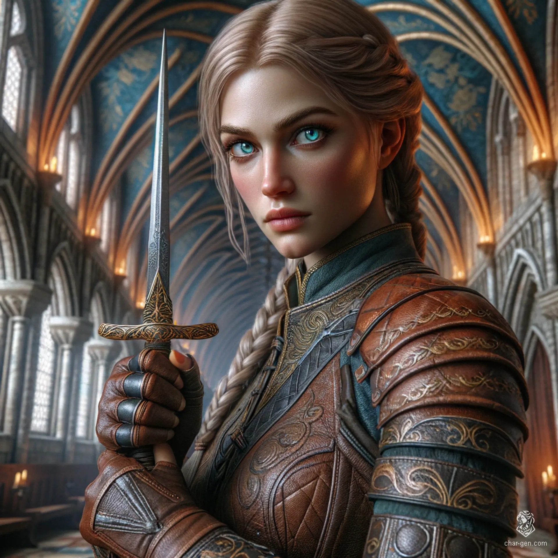Lillian Gordiana is a 19-year-old, 5'6" female rogue, exuding charm and intelligence. A nimble and hardy assassin, she moves with a light-footed stance, her intricately detailed leather armor complementing her pale skin and striking turquoise eyes. Her blond hair is braided, and she wields a dagger with lethal precision.