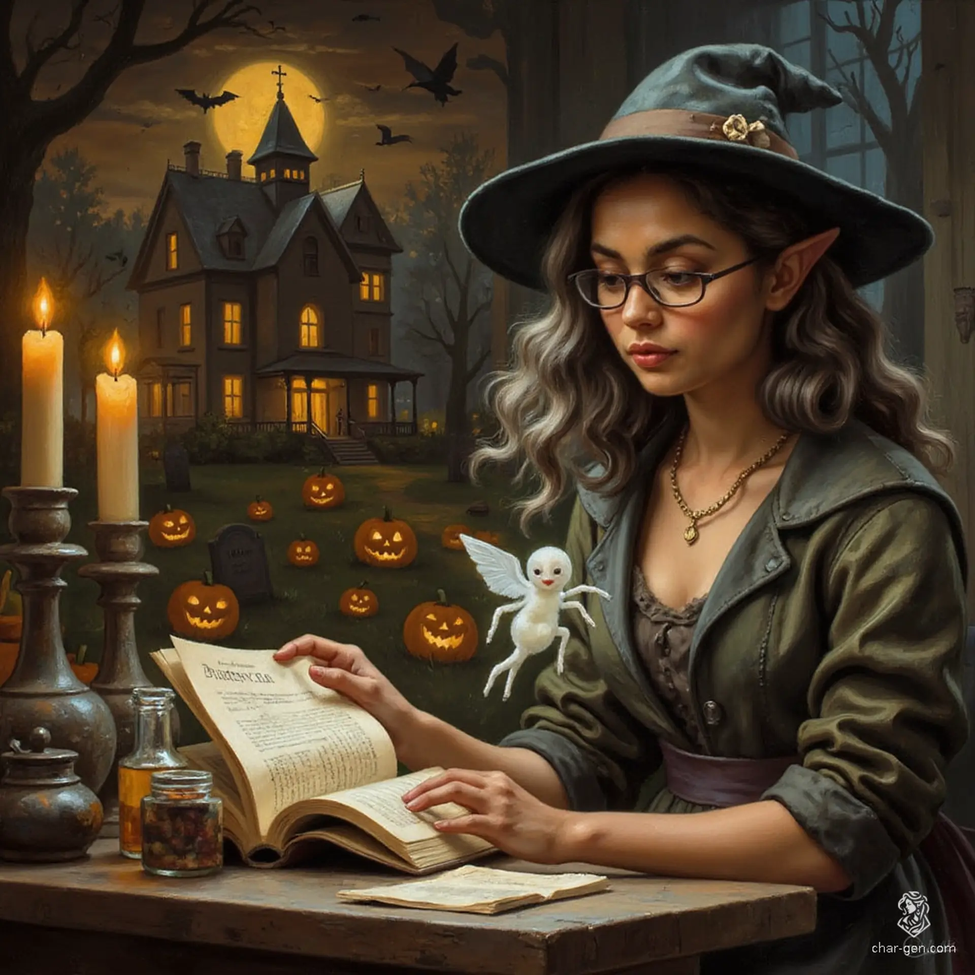 Maryam, the Apothecary Witch, is a wise and endearing elf with tanned skin and gentle wrinkles. Her shoulder-length, tea-colored hair is streaked with grey, tied back with a pointed witch's hat perched atop her head. In her cozy lab, she expertly navigates potions and herbs, radiating a blend of competence and curiosity, while her ghostly spider familiar observes closely.