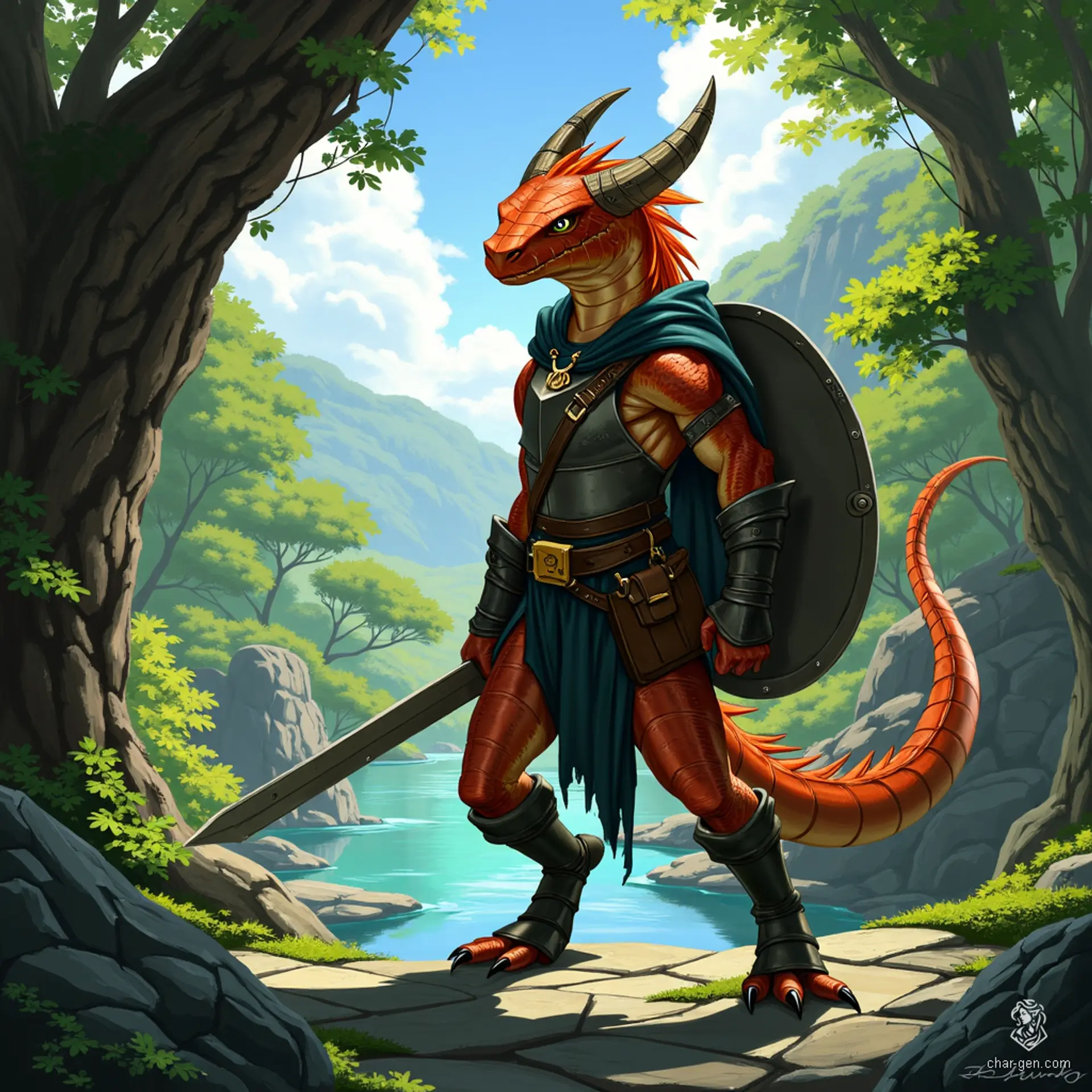 Luna, a fierce half-kobold, half-goloma fighter, boasts a muscular build and striking copper scales. With eight spider-like black eyes, they raise a steel shield amidst battle, clad in a steel breastplate and tattered leather armor. This fluid-gendered bandit exudes confidence and cunning, ready to defend their stolen treasures.