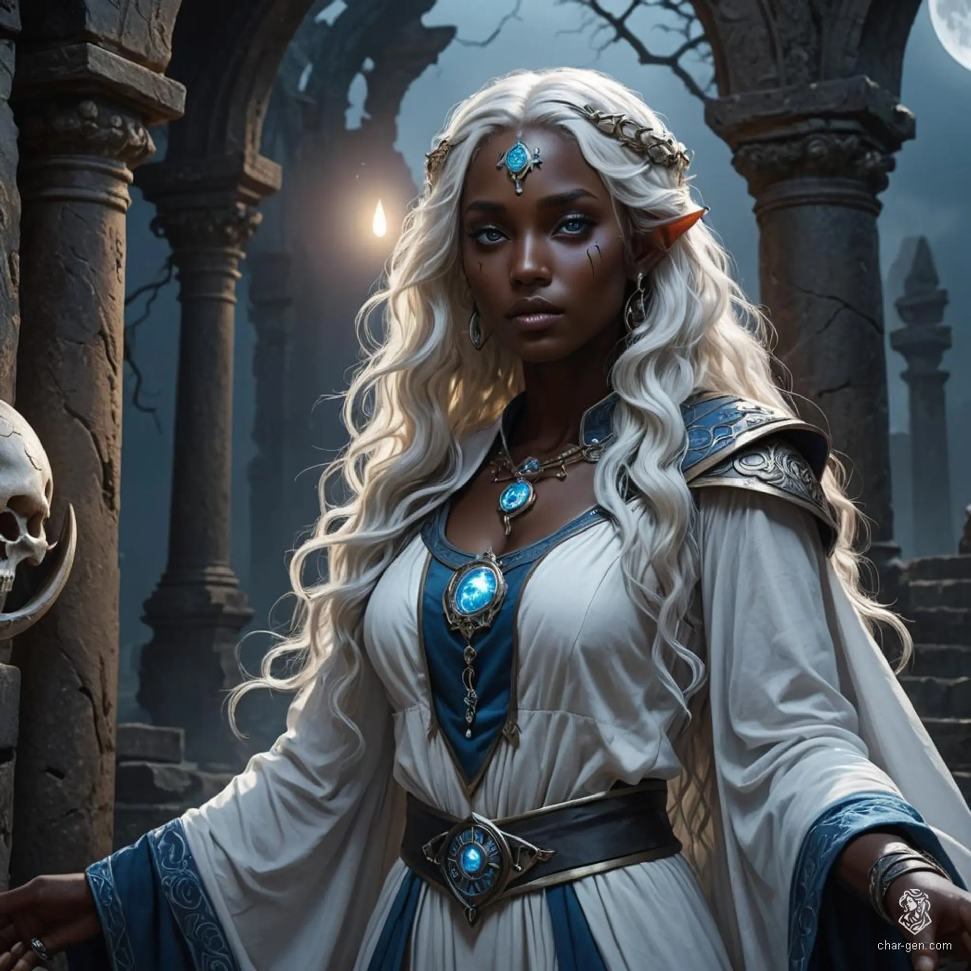 Beneath a starlit sky, a half-elf cleric, with dark skin and flowing white curls, embodies serenity. Her blue eyes sparkle with lunar magic, signaling her deep devotion to the moon goddess. Adorned in sacred robes and wielding healing powers, she moves fluidly, her presence a tranquil sanctuary under the celestial expanse.