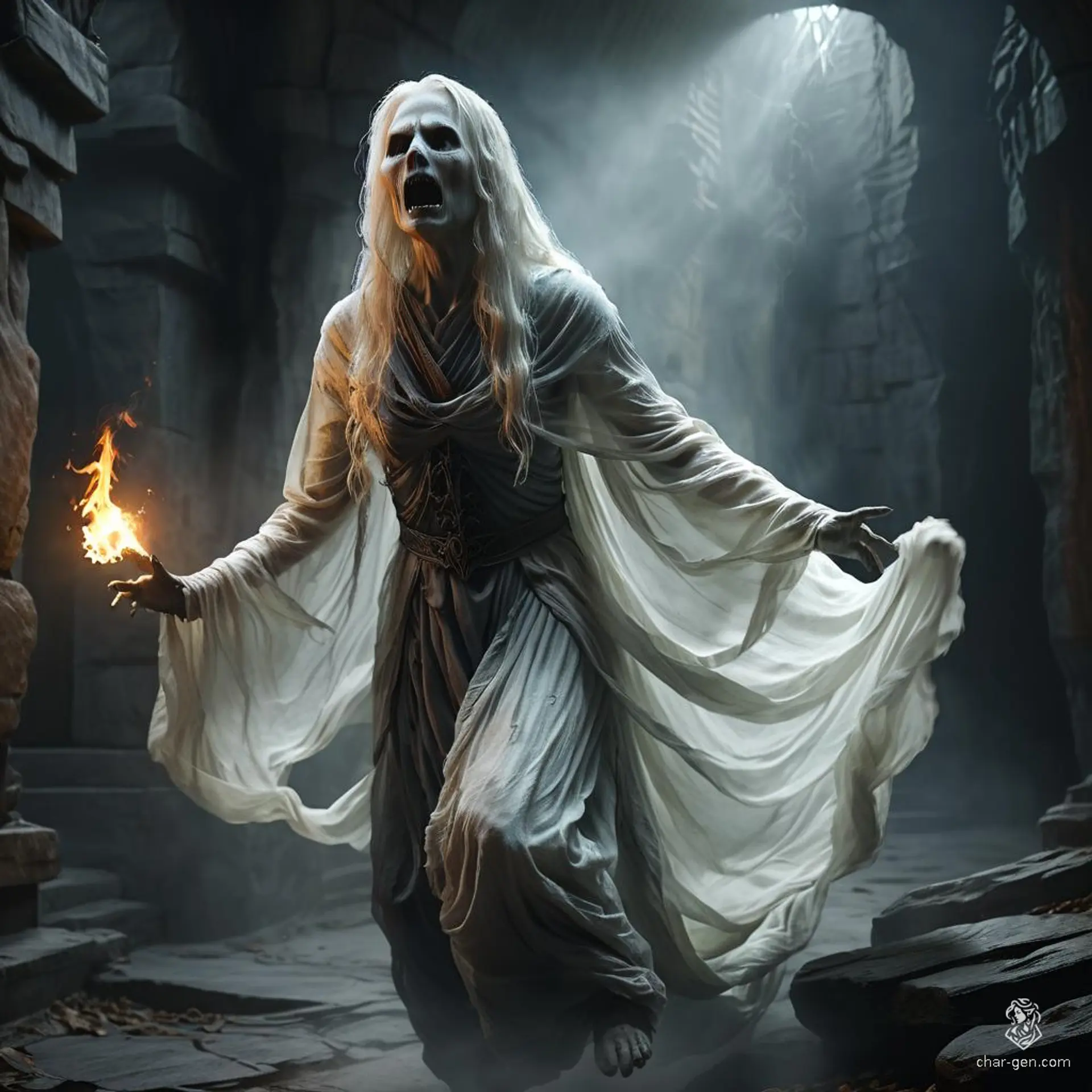 A banshee is a spectral woman with long, flowing white hair and pale skin, draped in ragged, ethereal robes. She is a very angry female ghost, known for her wailing screams that foretell imminent doom.
