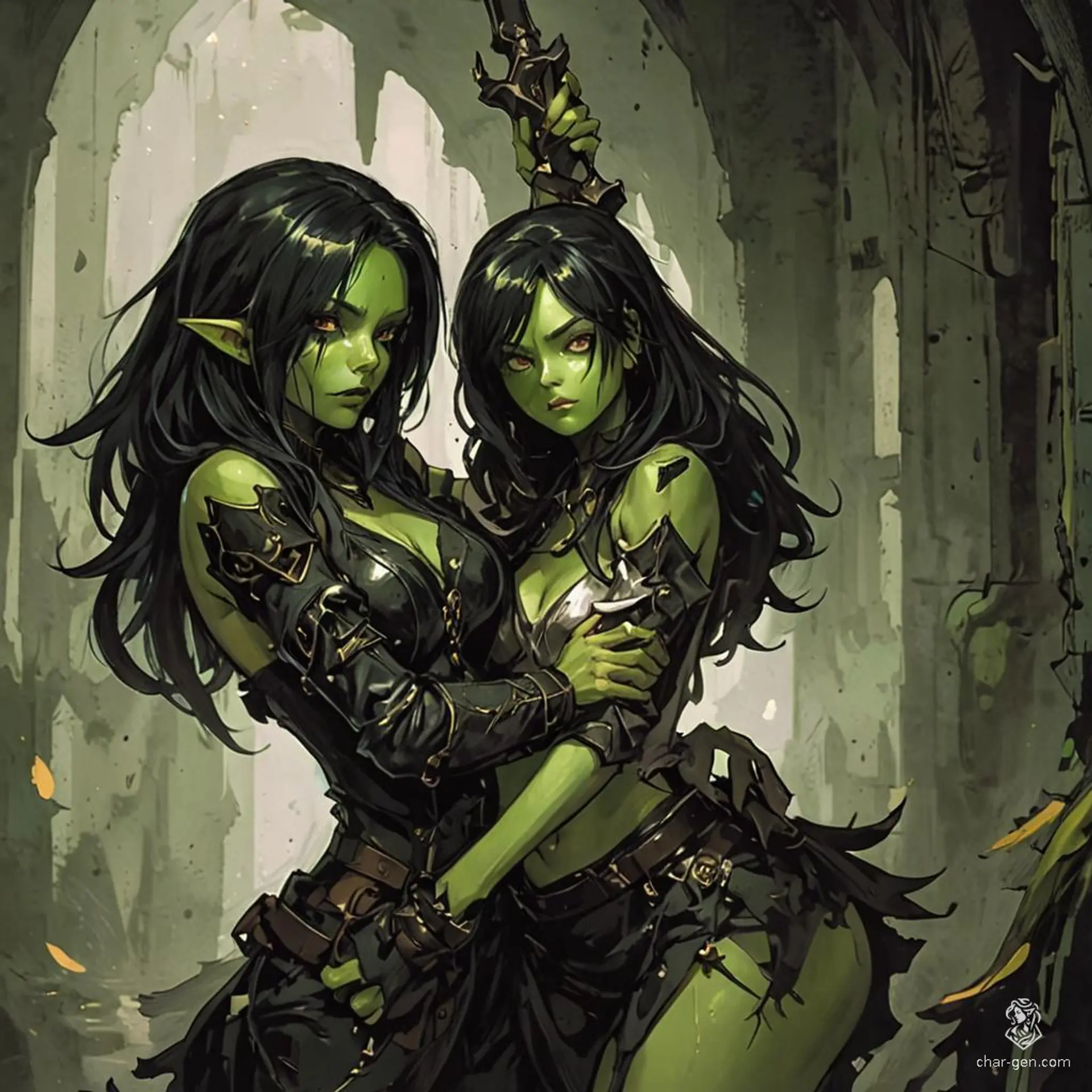 In the moonlit room, a demure goblin assassin glides silently, her lithe form clad in form-fitting leather armor. With a dagger glistening in poison, her emerald skin and flowing black hair meld with the shadows, embodying the perfect blend of beauty and danger.