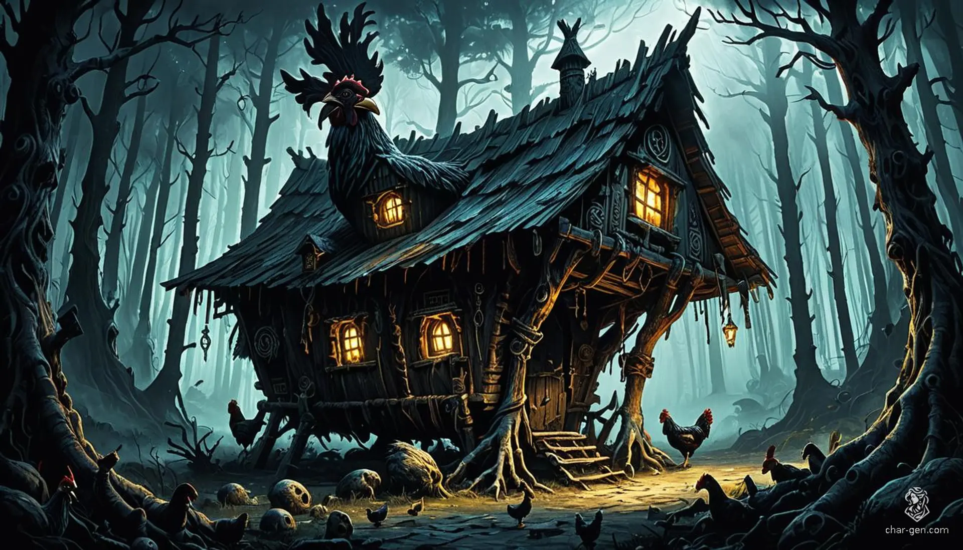 In a dark, eerie forest cloaked in dense fog, a twisted wooden hut stands upon grotesque, spindly chicken legs with gnarled joints. Warped walls adorned with glowing runes shudder ominously. Nearby, twisted trees loom over glowing mushrooms, enriching the foreboding ambiance.