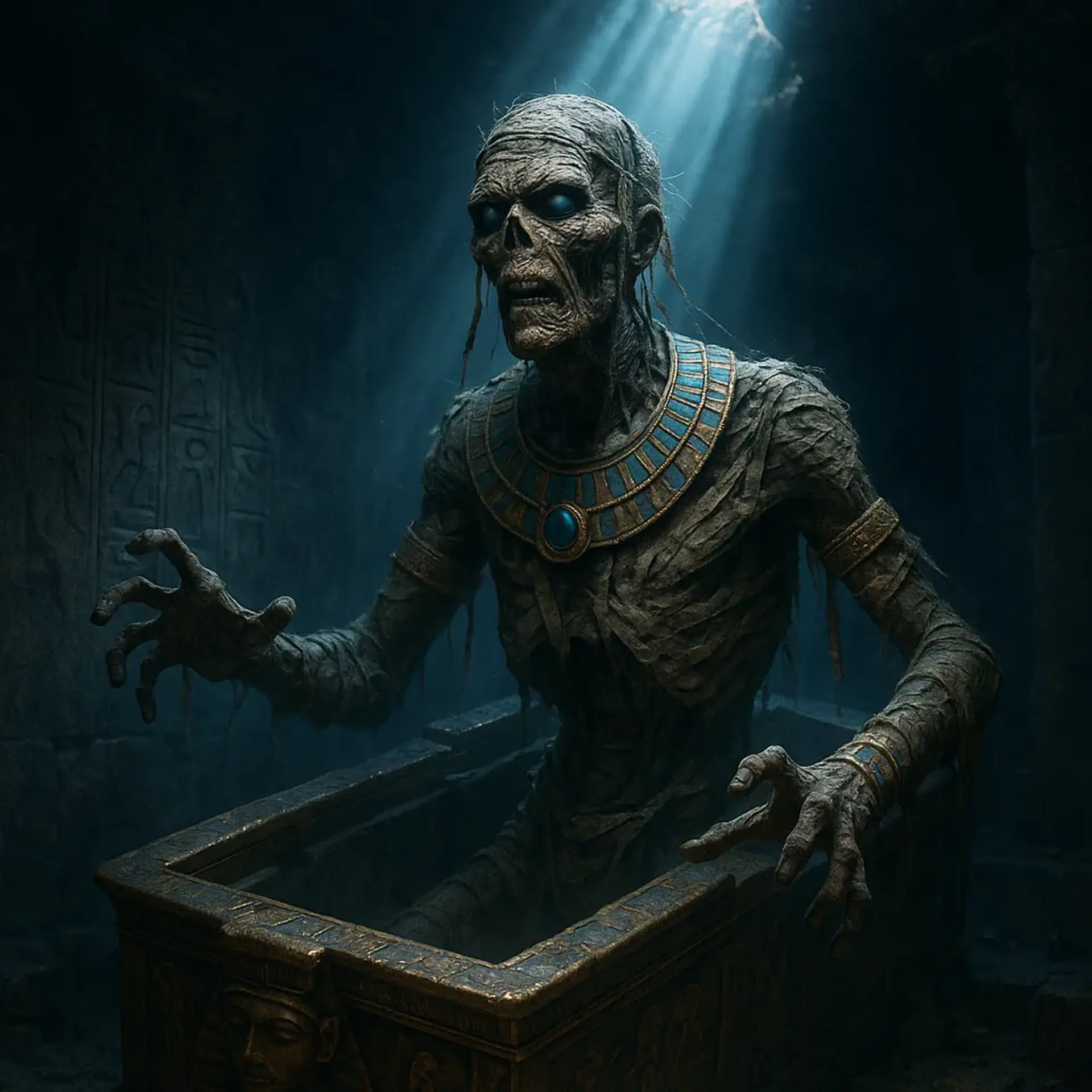 An ancient mummy, wrapped in decayed bandages and adorned with ancient jewelry, rises from a cursed sarcophagus in a dim, dusty crypt. Dramatic god-rays pierce broken hieroglyphic walls, casting eerie blue and gold light on this hyper-realistic, cinematic undead guardian.