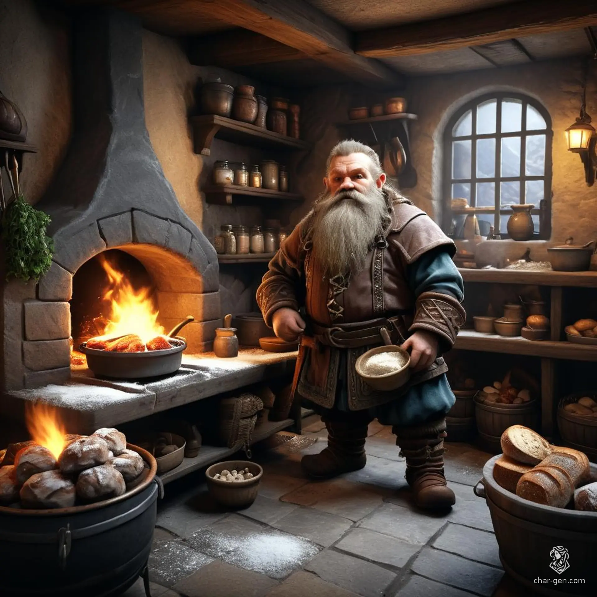 Thorin, a stout dwarf baker, bustles in his flour-dusted bakery. Surrounded by crackling ovens and aromatic loaves, he fills the air with a warm, inviting scent that draws townsfolk from miles around.