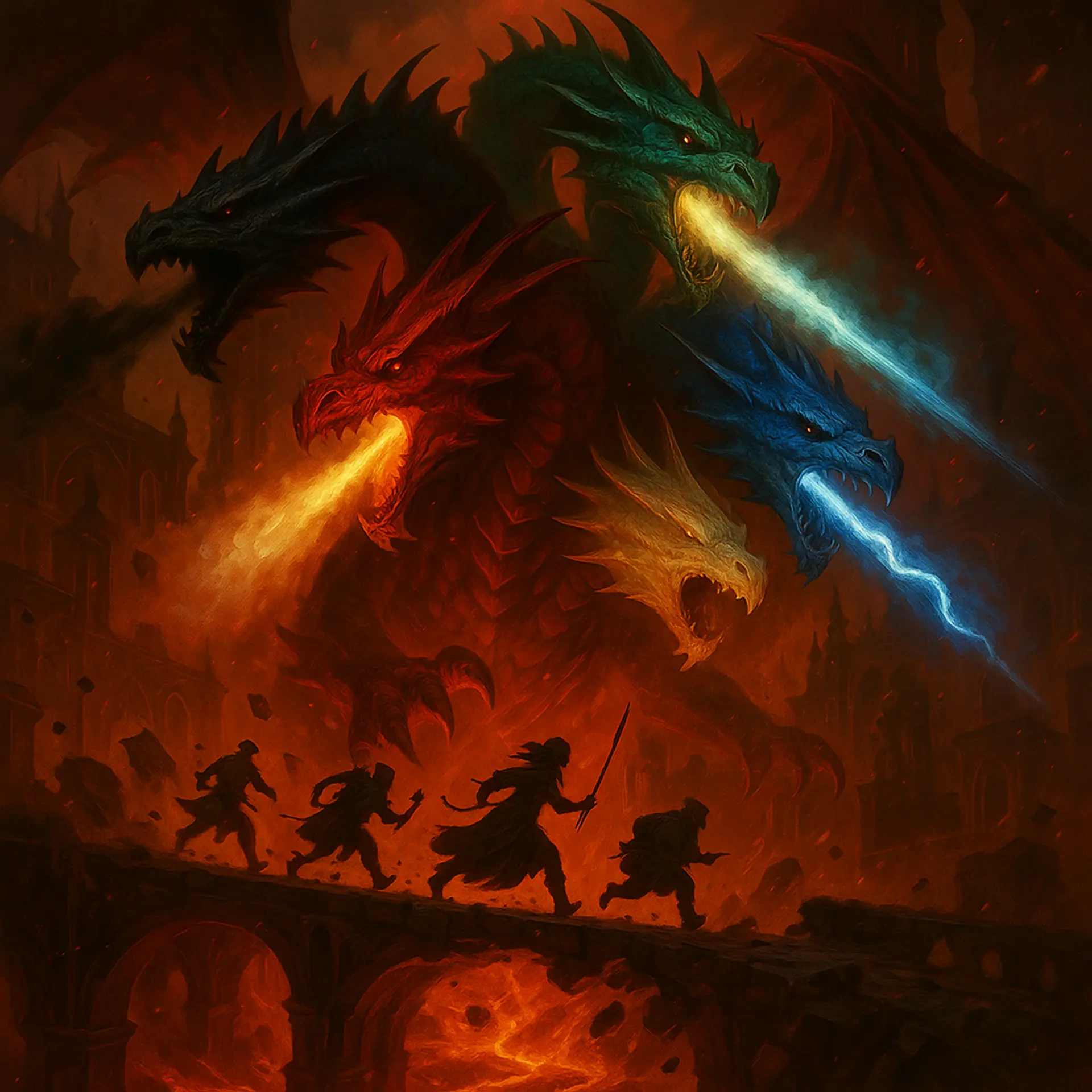 Tiamat, the five-headed Dragon Queen, emerges from a fiery chasm, each head unleashing a distinct elemental fury. Towering in infernal grandeur, she embodies chaos and mythic power as adventurers desperately flee across a shattered bridge beneath her hellish red blaze.