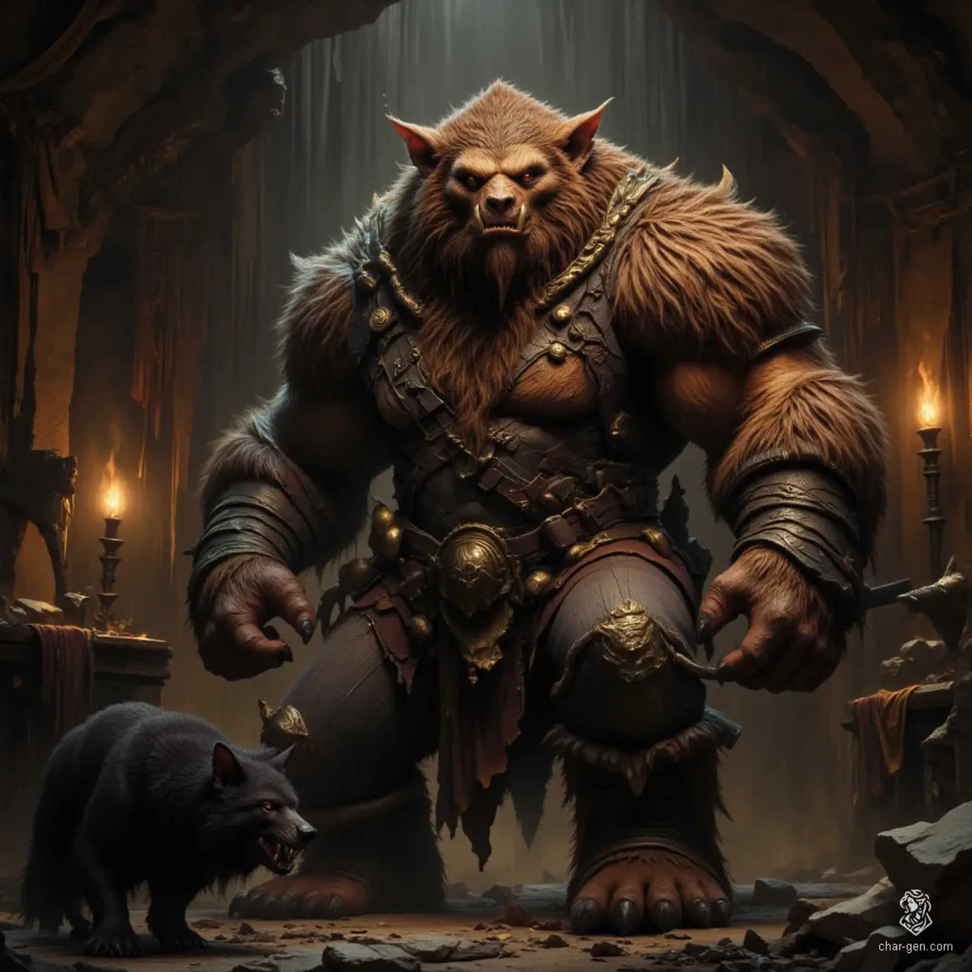 King Klarg, a hulking bugbear with brown fur and fierce fangs, holds dominion over the decrepit throne room of Cragmaw Hideout. Commanding his goblin followers with ruthless ambition, he orchestrates kidnappings and brutal wolf fights, receiving orders from an unknown master—his loyal, mangy wolf, Ripper, by his side.