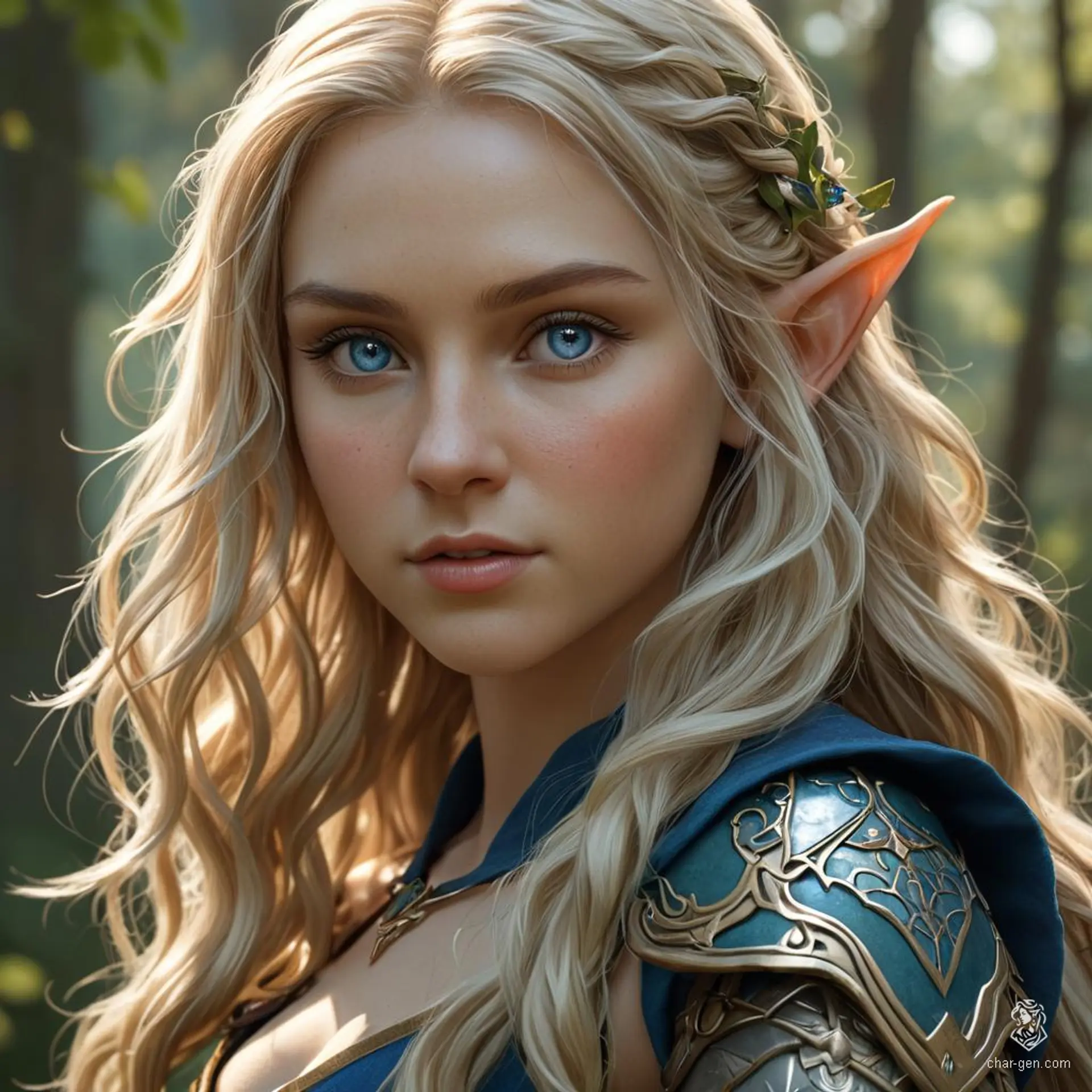 This Fantasy Elf Fighter stands confidently, showcasing an array of weapons. Their fair skin contrasts sharply with long, wavy blonde hair and piercing blue eyes, forming an arresting and formidable presence on the battlefield.
