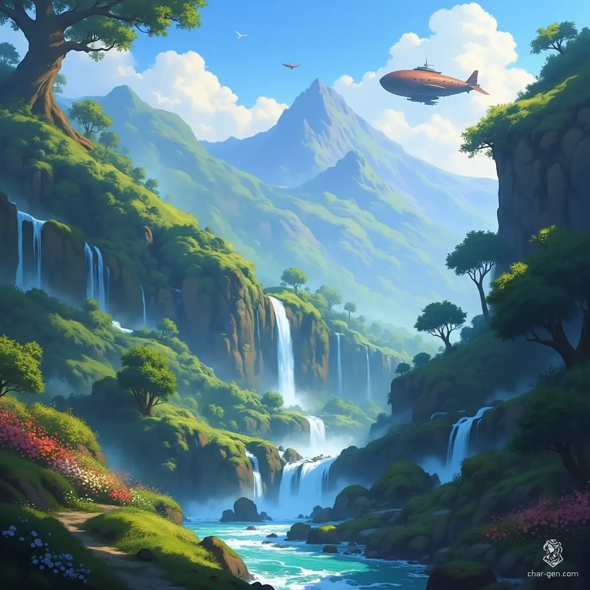 In a misty valley, an enchanted forest thrives, cradled by vibrant greenery and enveloped in ethereal fog. A shimmering river winds through, reflecting the soft glow of luminescent flora. Above, a majestic airship floats, its presence casting shadows on the cascading waterfall nearby, where rainbows dance amidst the mist.