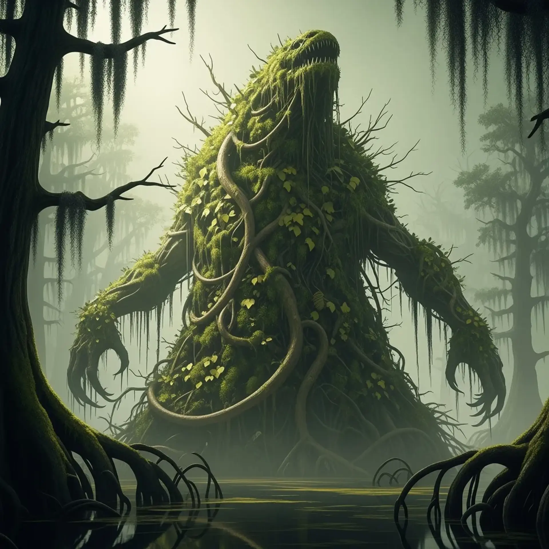 A towering Shambling Mound drips with wet moss and vines, looming ominously in a dense, foggy swamp. Bathed in soft, greenish light with eerie god-rays, its textured, hyper-realistic form blends seamlessly with twisted trees and muddy earth, evoking a menacing, primal presence.