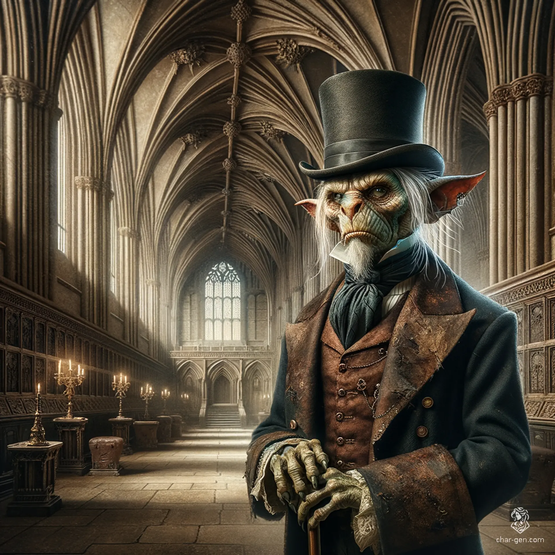 An old, pale-skinned male goblin with a distinctly mottled complexion works as a butler. Clad in aged, tattered attire and a top hat, this tiny, goblin-like creature exudes an aura of worn sophistication.