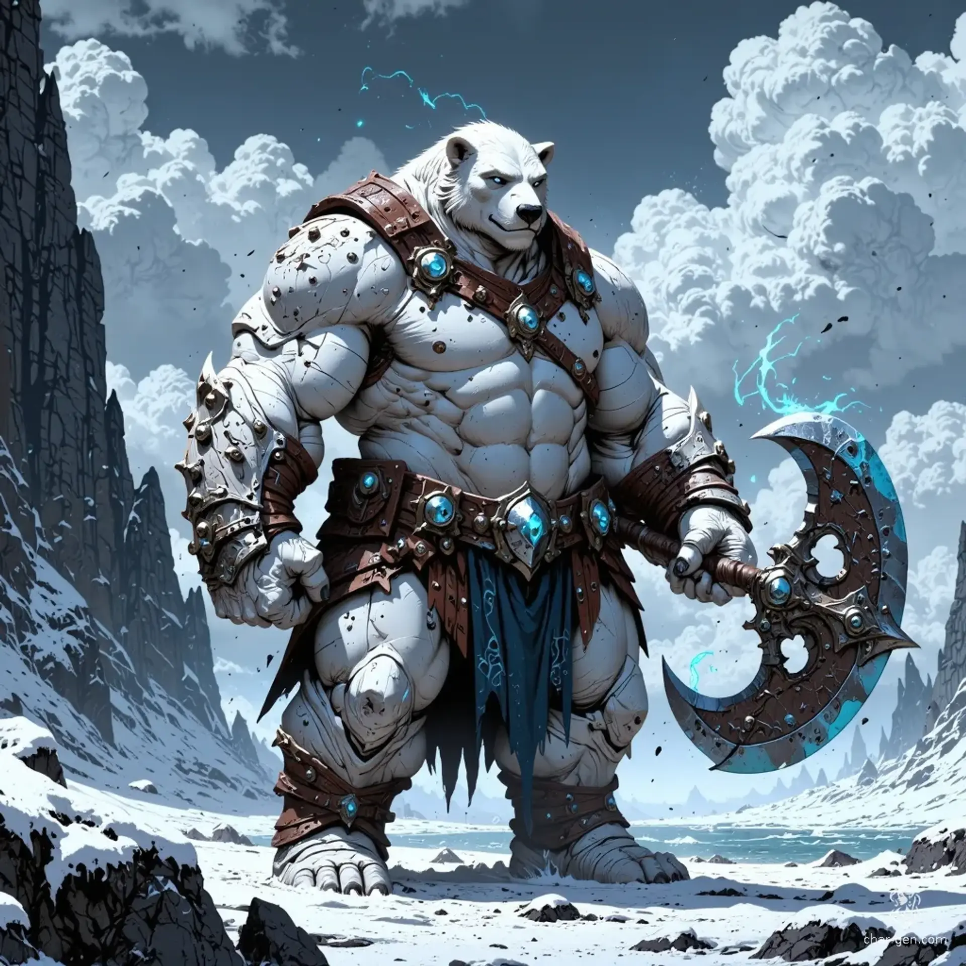 Mighty and fierce, the polar bear barbarian embodies the untamed spirit of the frozen tundra. Adorned in rugged armor and crowned with the bones of fallen foes, they wield a colossal axe inscribed with glowing runes, ready to protect their realm from any threat that dares approach.