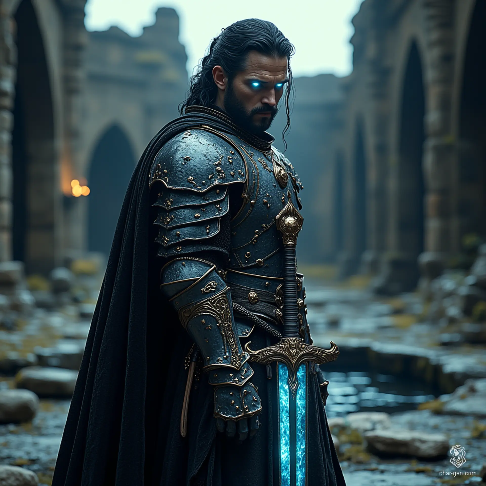 Elceran is a formidable shadar-kai fighter, with raven hair, obsidian eyes, and skin kissed by shadows. Clad in intricately detailed splint armor, he wields a magical greatsword in one strong grip. Haunted by guilt and seeking redemption, he converses with unseen spirits, embodying both strength and sorrow.