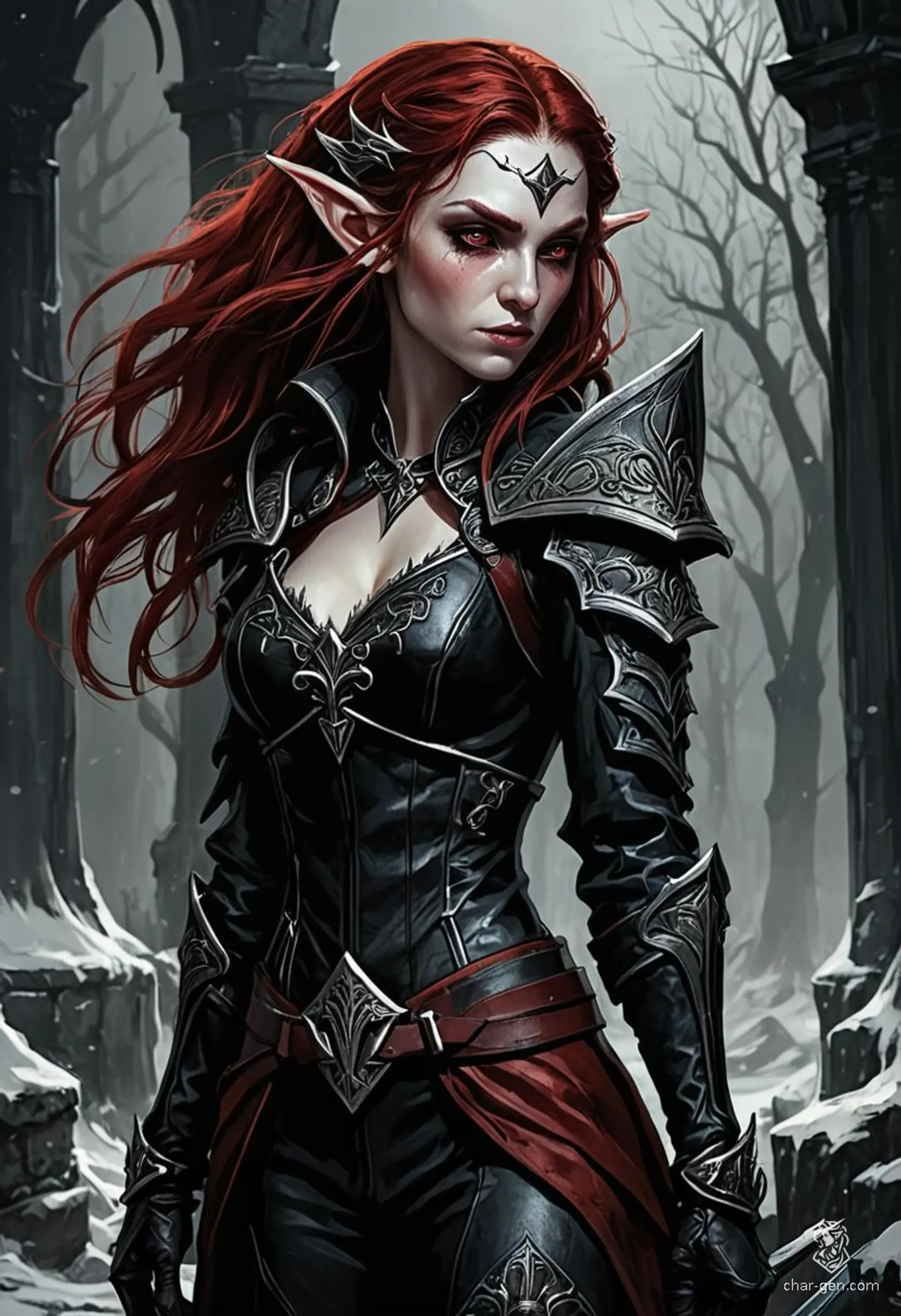 A seductive Winter Elf assassin, she moves with a light-footed, stealthy grace. Sporting bold cherry-red hair and clad in black leather armor and gloves, she expertly conceals her daggers, lurking in the shadows, deadly and untraceable.