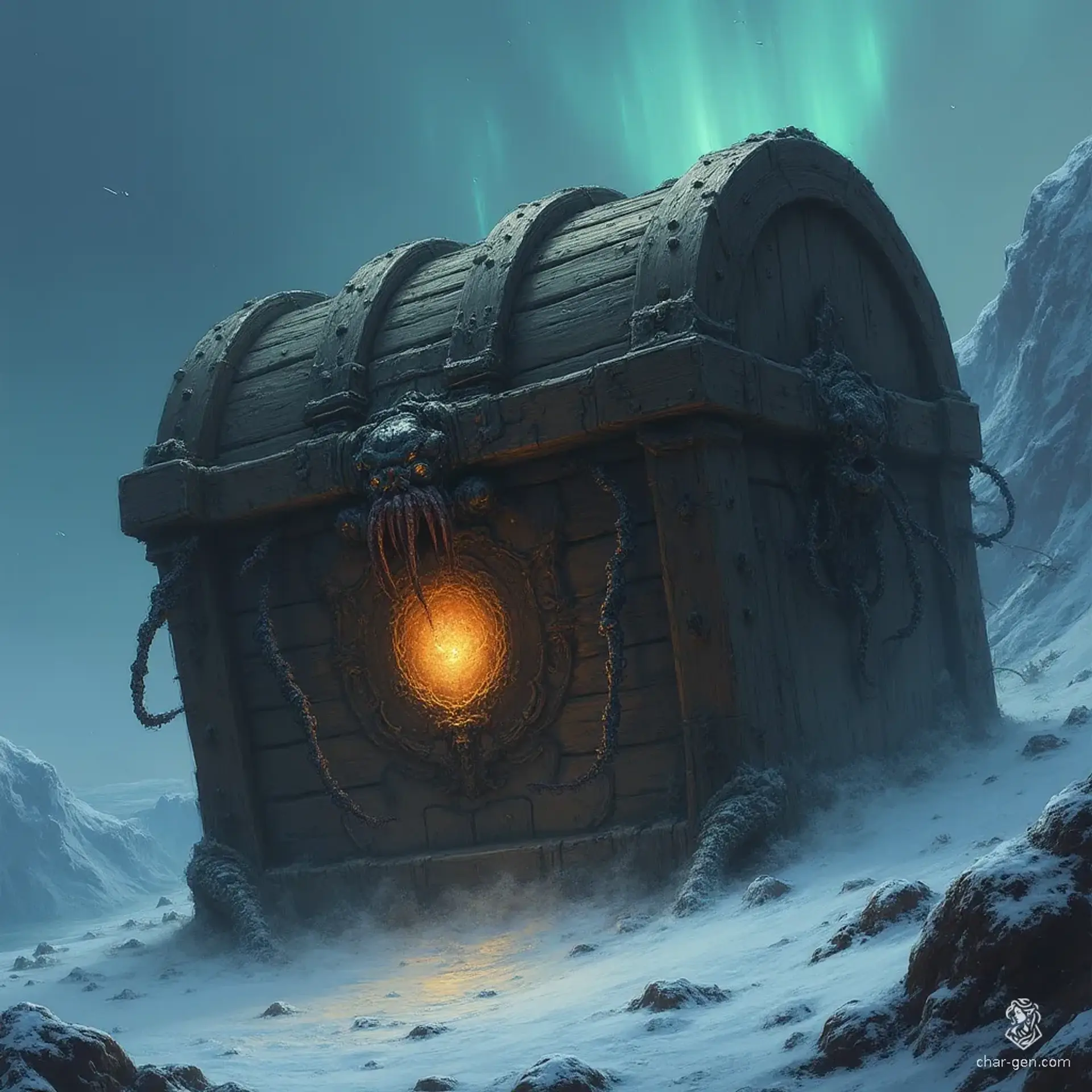 An ancient, mystical mirror mimic, glowing faintly in darkness, masquerades as an intricately carved wooden treasure chest with metal locks. Beneath its ornate surface lies a tooth-filled maw and sticky, prehensile pseudopods, ready to ensnare unwary adventurers with deceptive magic.