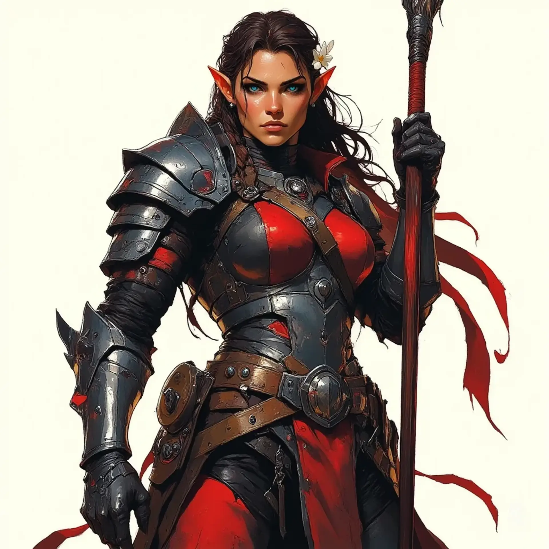 A strikingly attractive middle-aged elf paladin, she bears deep frown lines and tired blue eyes, hinting at her many battles. Her braided dark brown hair, adorned with a delicate white flower, frames her face. Clad in dark primal armor and waist-bound with gleaming metal chains, she wields these chains as both weapon and reminder of her burdens.