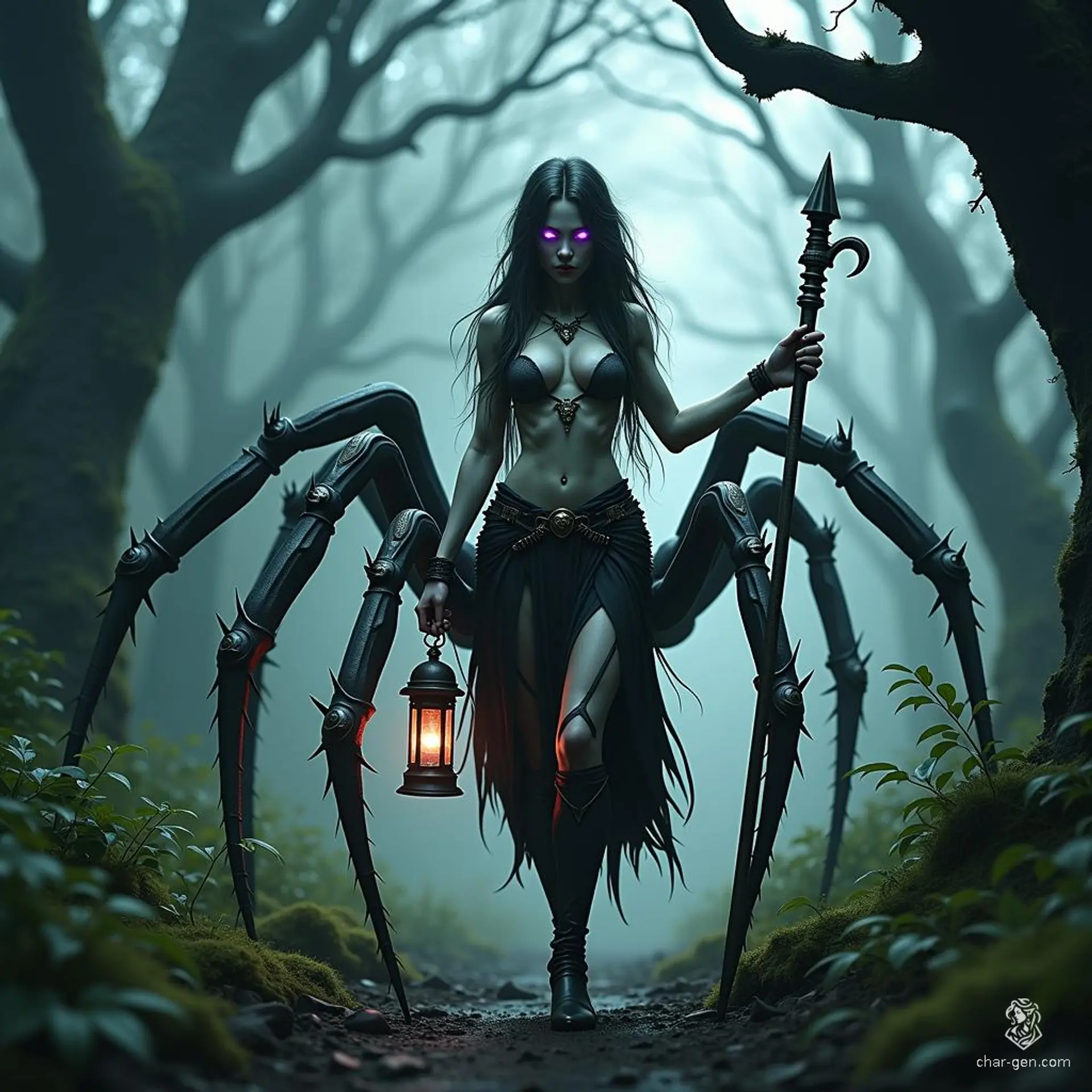 The Drider is a fearsome hybrid, featuring the upper body of a fair-skinned drow dark elf and the lower body of a giant spider. With eight legs, sharp fangs, venomous bite, and glowing purple eyes, this young female wields a lantern staff, radiating sinister allure.