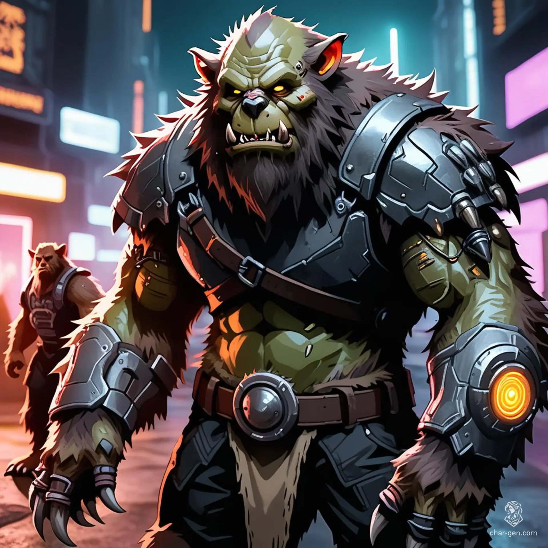 A hulking, fur-covered bugbear alchemist with fangs and piercing eyes, Beige-skinned, wears intricate goggles while surrounded by bubbling vials. Sporting short hair and thunderous robotic armor, this male artificer wields mechanical devices, thunder gauntlets, and a shield.