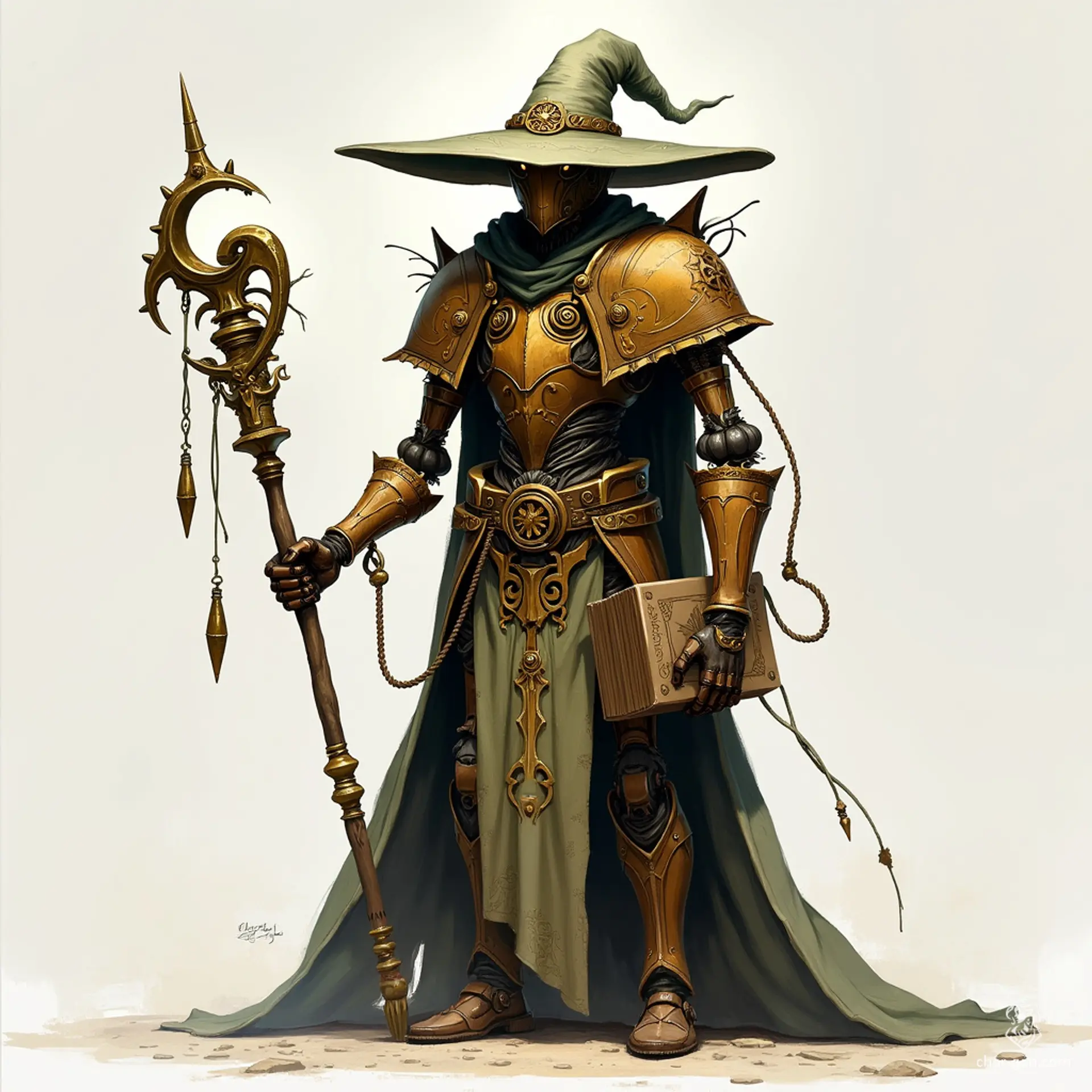 A warforged wizard, an enchanting medieval fantasy robot of wood and metal, is powered by gears and pulleys interlaced with magic. Adorned with arcane sigils and enchanted garments, it wields a magical tome or staff, channeling powerful spells.