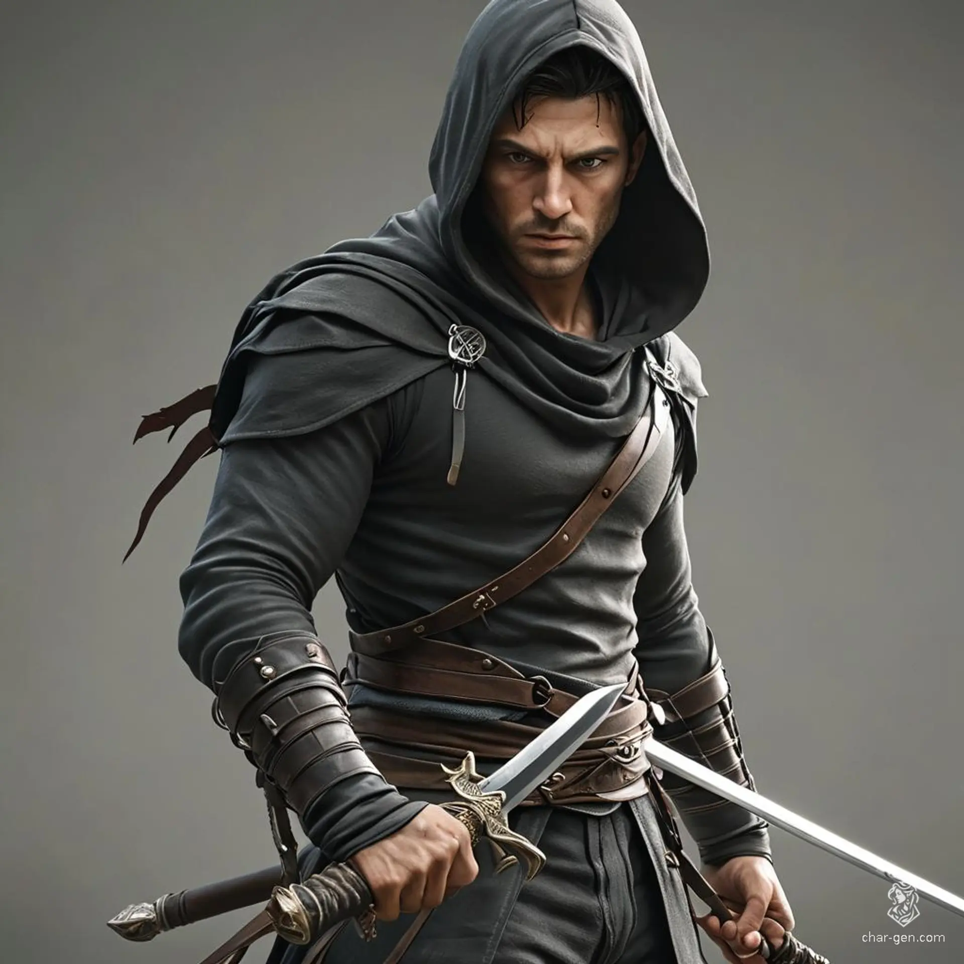 A stealthy male assassin with olive skin and medium-length hair, dressed in dark clothing. Hooded and light-footed, he conceals daggers while lurking in shadows, his aspirations hinging on your demise.
