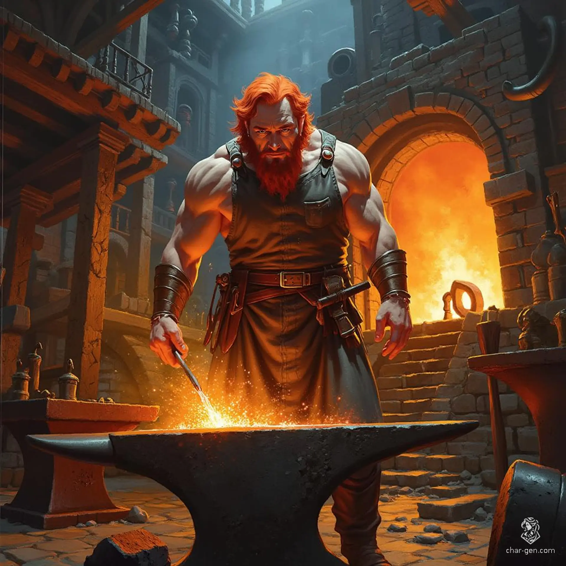 Meet Brannok, a muscular dwarf blacksmith with vibrant sunset orange hair, whose light skin glows in the forge's warmth. Master of metalwork, he thrives amidst anvils and hammers, crafting legendary weapons from molten steel, embodying strength and artistry in every forge strike.